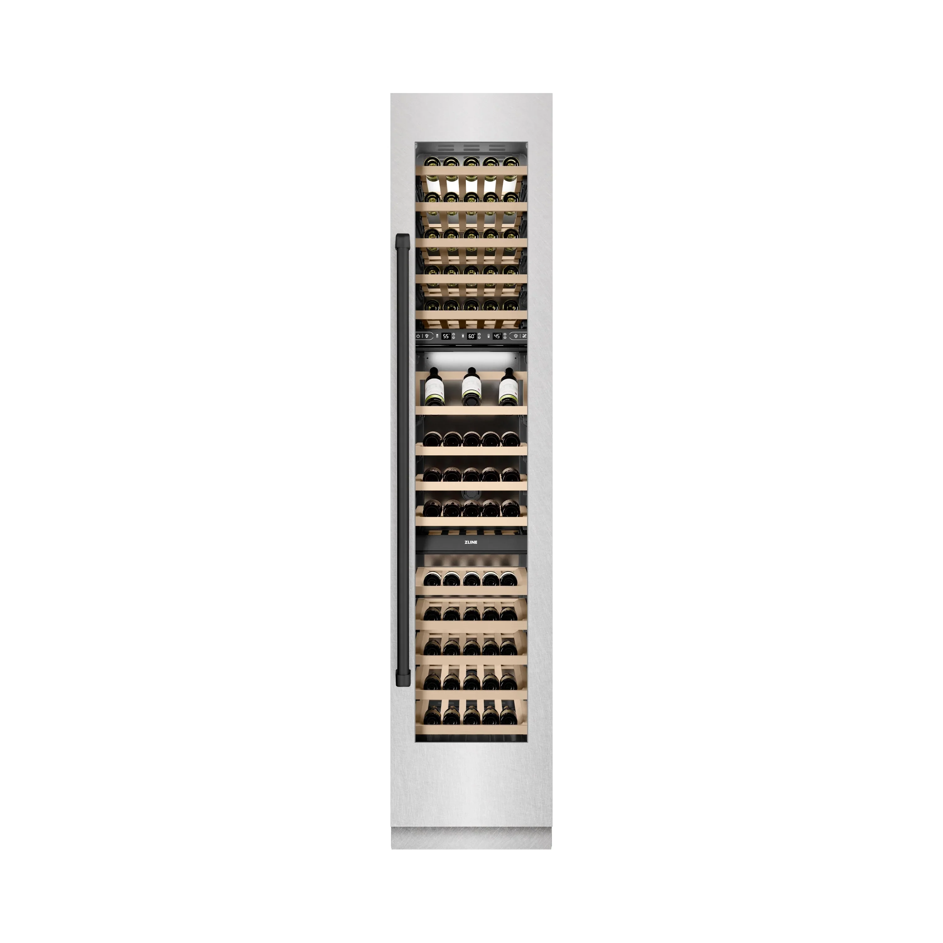 ZLINE Autograph Edition 18-Inch 9.0 Cu. Ft. Triple Zone 68 Bottle Right Hinge Column Wine Cooler in Satin Stainless Steel with Matte Black Accents (RCWVRZ-SN-18-MB) - Image 5