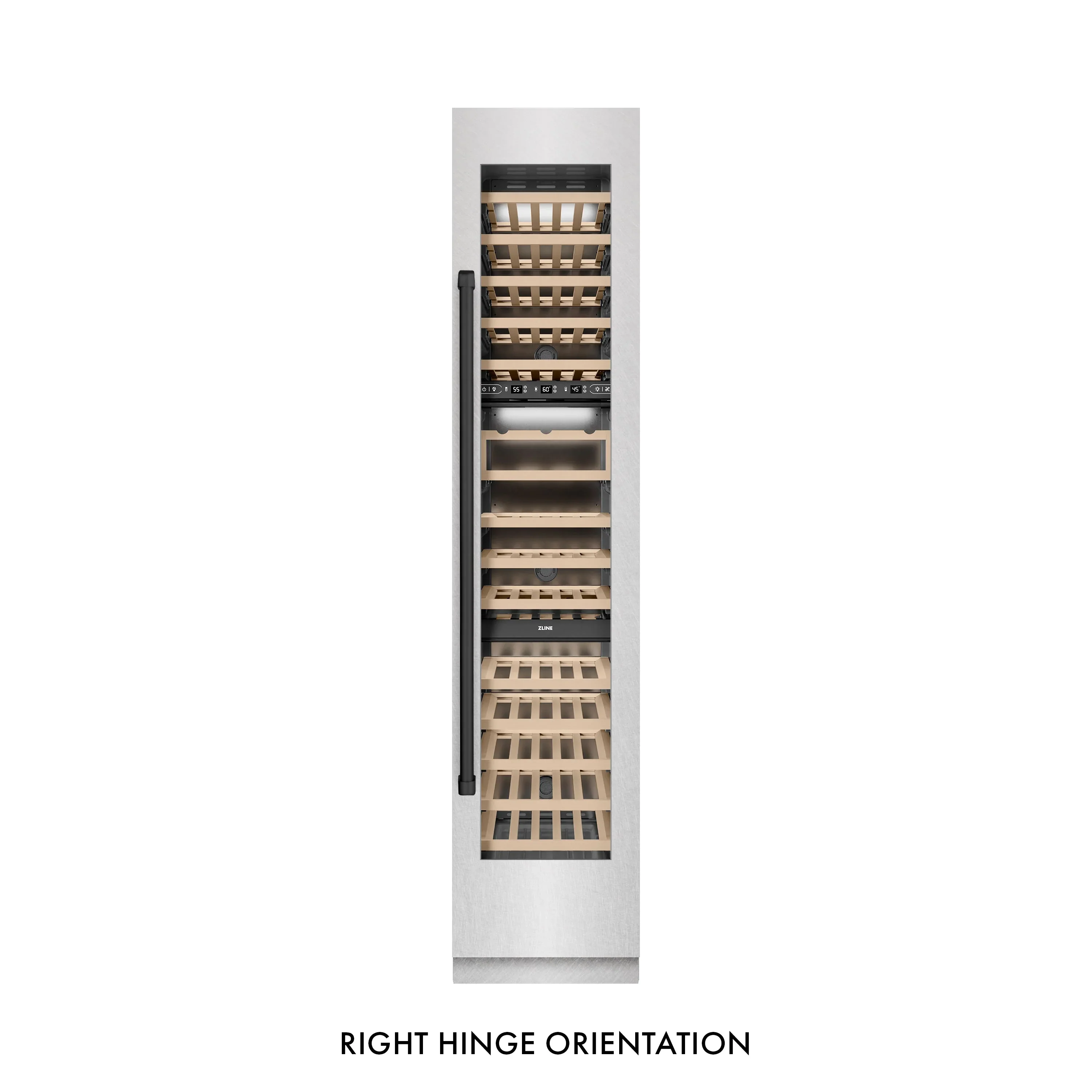 ZLINE Autograph Edition 18-Inch 9.0 Cu. Ft. Triple Zone 68 Bottle Right Hinge Column Wine Cooler in Satin Stainless Steel with Matte Black Accents (RCWVRZ-SN-18-MB) - Image 6