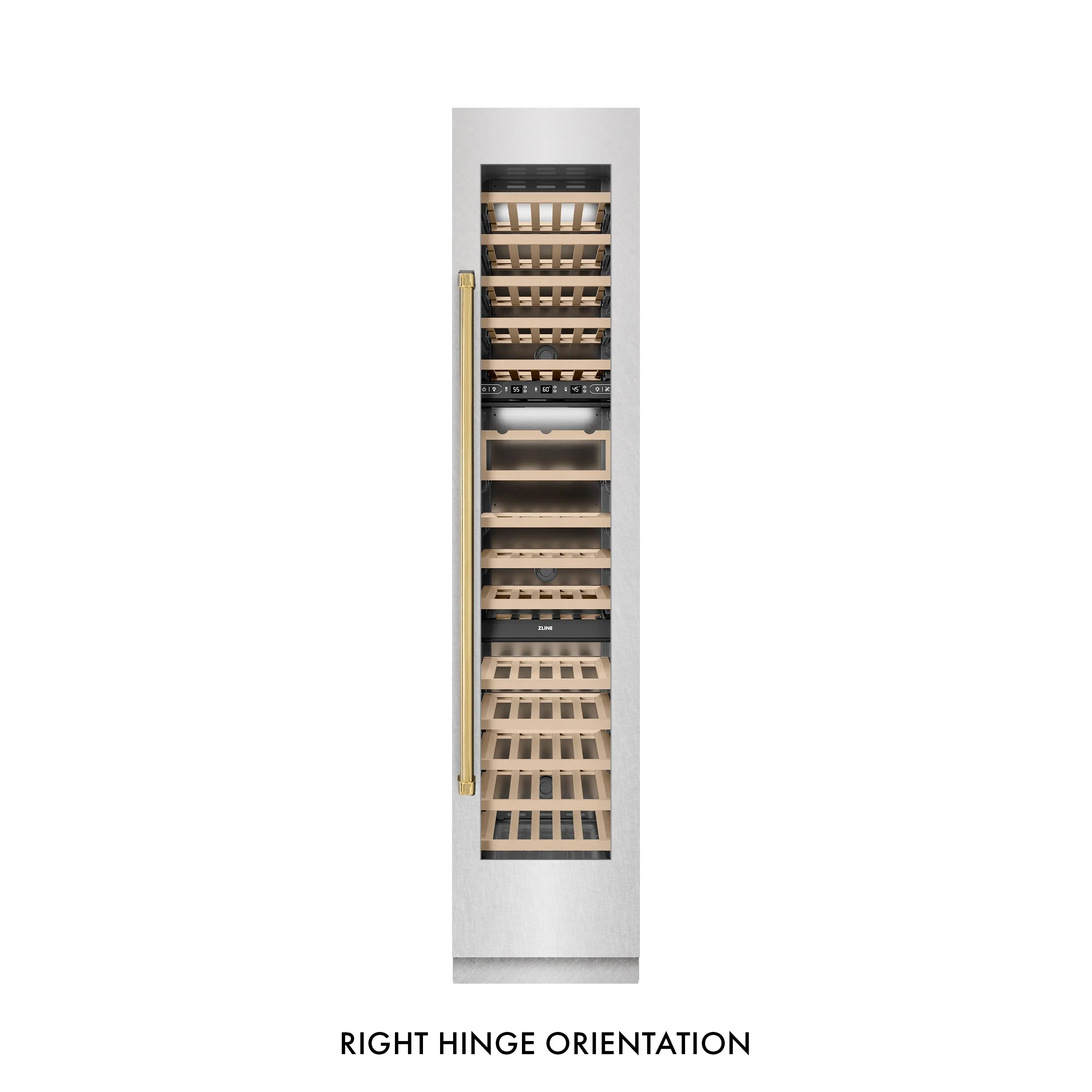 ZLINE Autograph Edition 18-Inch 9.0 Cu. Ft. Triple Zone 68 Bottle Right Hinge Column Wine Cooler in Satin Stainless Steel with Polished Gold Accents (RCWVRZ-SN-18-G) - Image 4