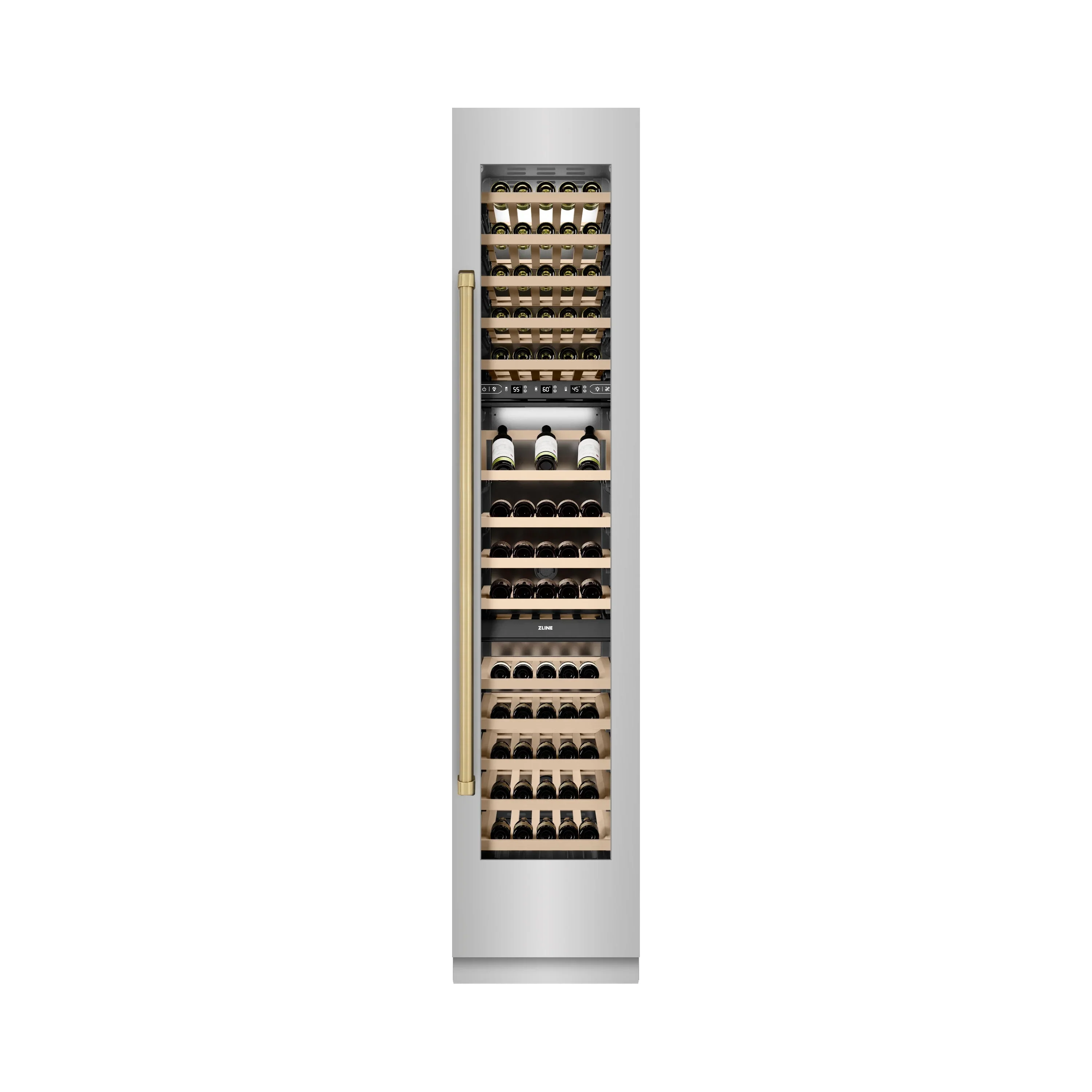 ZLINE Autograph Edition 18-Inch 9.0 Cu. Ft. Triple Zone 68 Bottle Right Hinge Column Wine Cooler in Stainless Steel with Champagne Bronze Accents (RCWVRZ-30418-CB) - Image 5