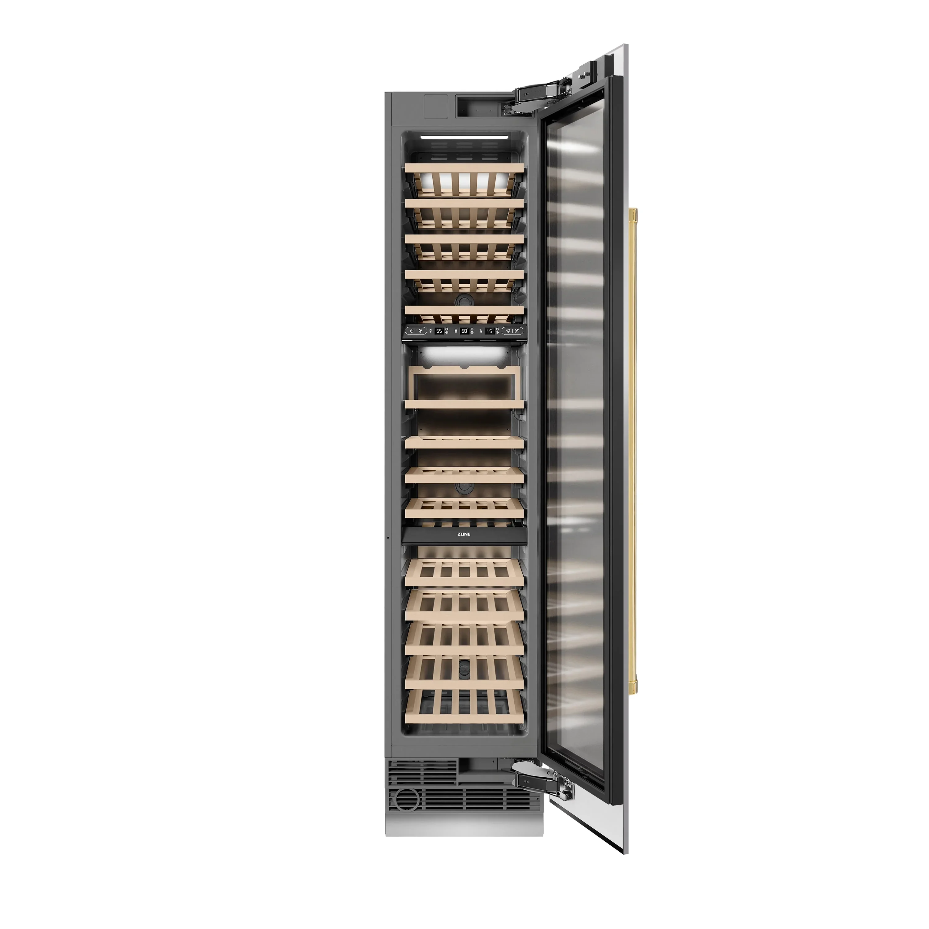 ZLINE Autograph Edition 18-Inch 9.0 Cu. Ft. Triple Zone 68 Bottle Right Hinge Column Wine Cooler in Stainless Steel with Polished Gold Accents (RCWVRZ-30418-G) - Image 3