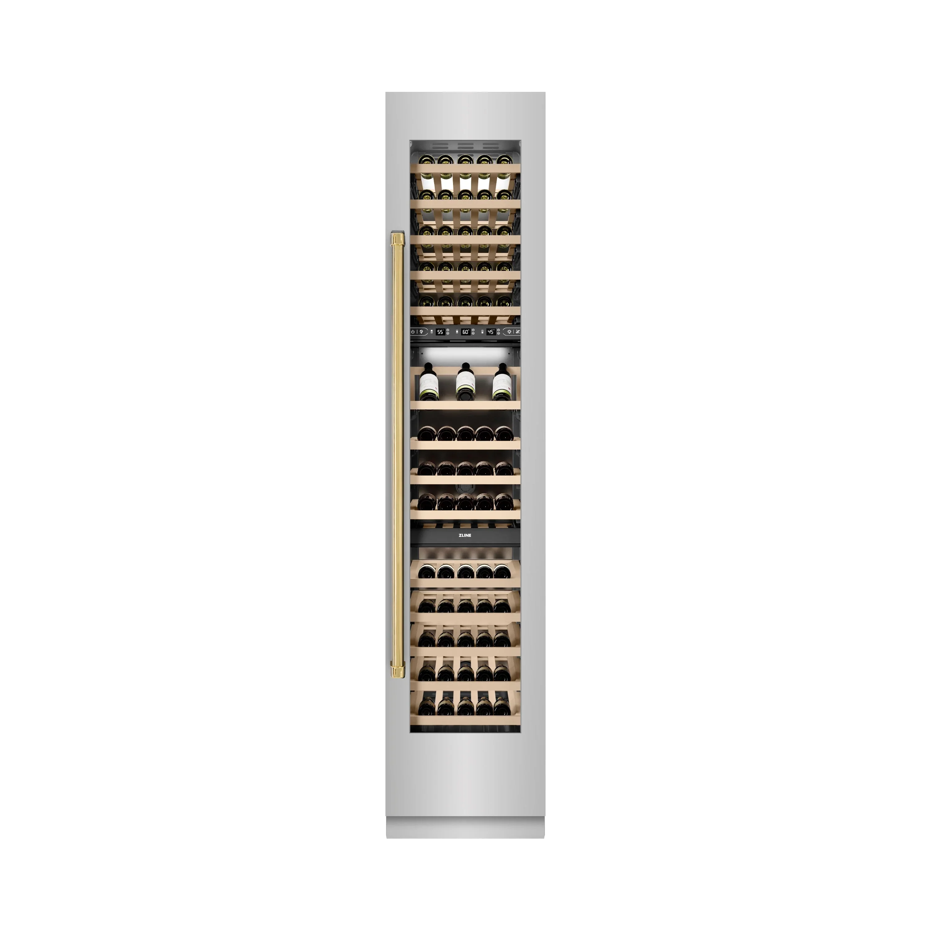 ZLINE Autograph Edition 18-Inch 9.0 Cu. Ft. Triple Zone 68 Bottle Right Hinge Column Wine Cooler in Stainless Steel with Polished Gold Accents (RCWVRZ-30418-G) - Image 5