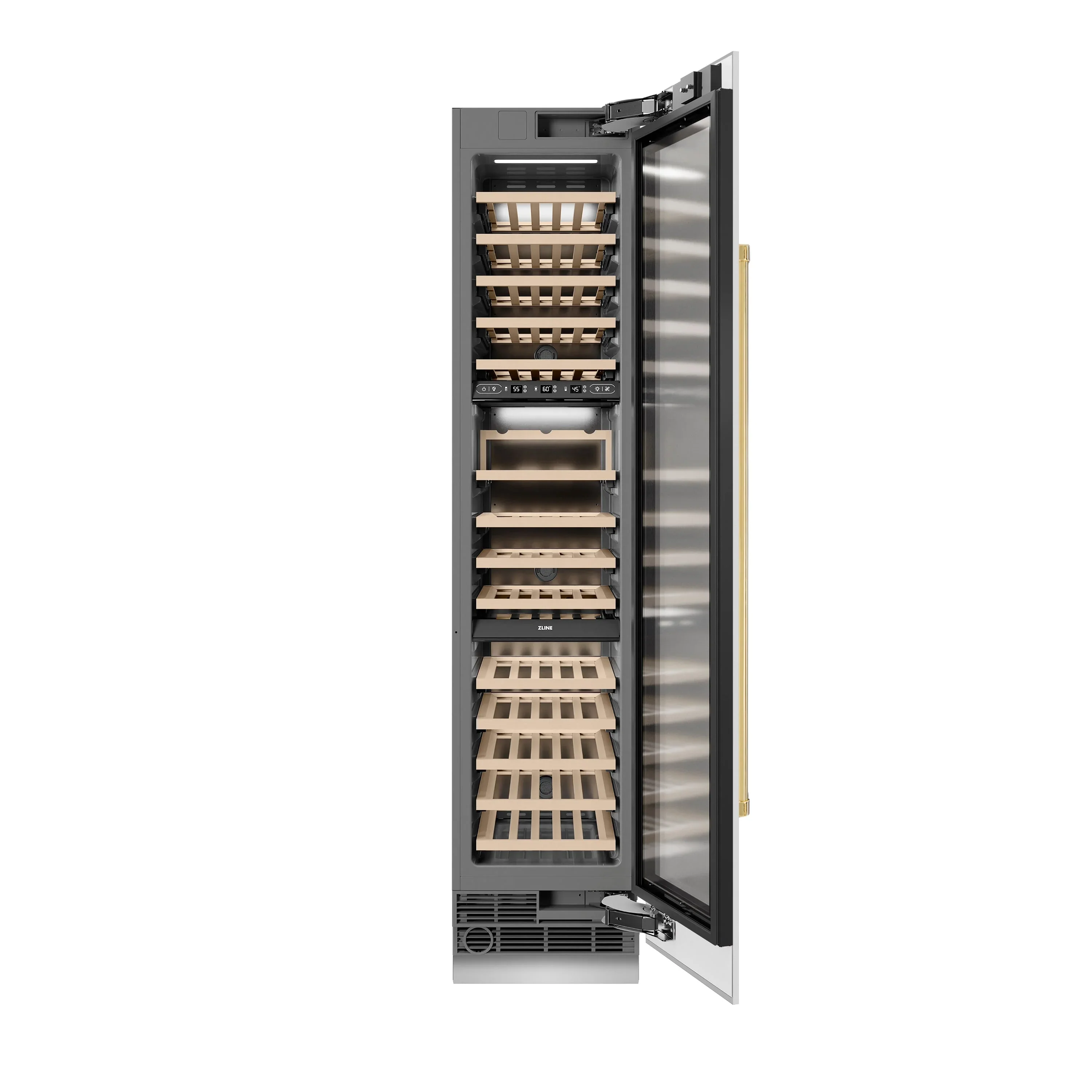 ZLINE Autograph Edition 18-Inch 9.0 Cu. Ft. Triple Zone 68 Bottle Right Hinge Column Wine Cooler in White Matte with Polished Gold Accents (RCWVRZ-WM-18-G) - Image 3