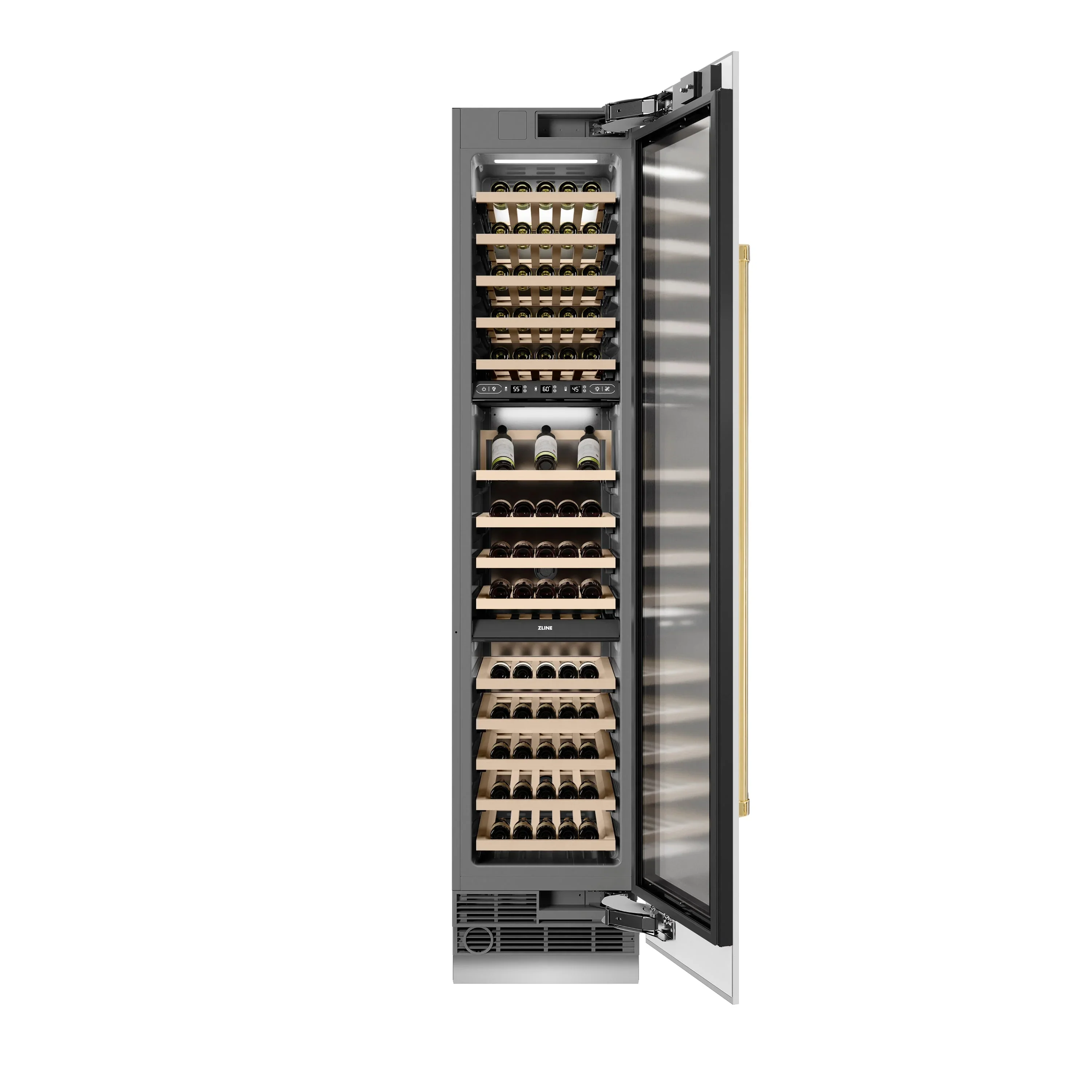 ZLINE Autograph Edition 18-Inch 9.0 Cu. Ft. Triple Zone 68 Bottle Right Hinge Column Wine Cooler in White Matte with Polished Gold Accents (RCWVRZ-WM-18-G) - Image 4