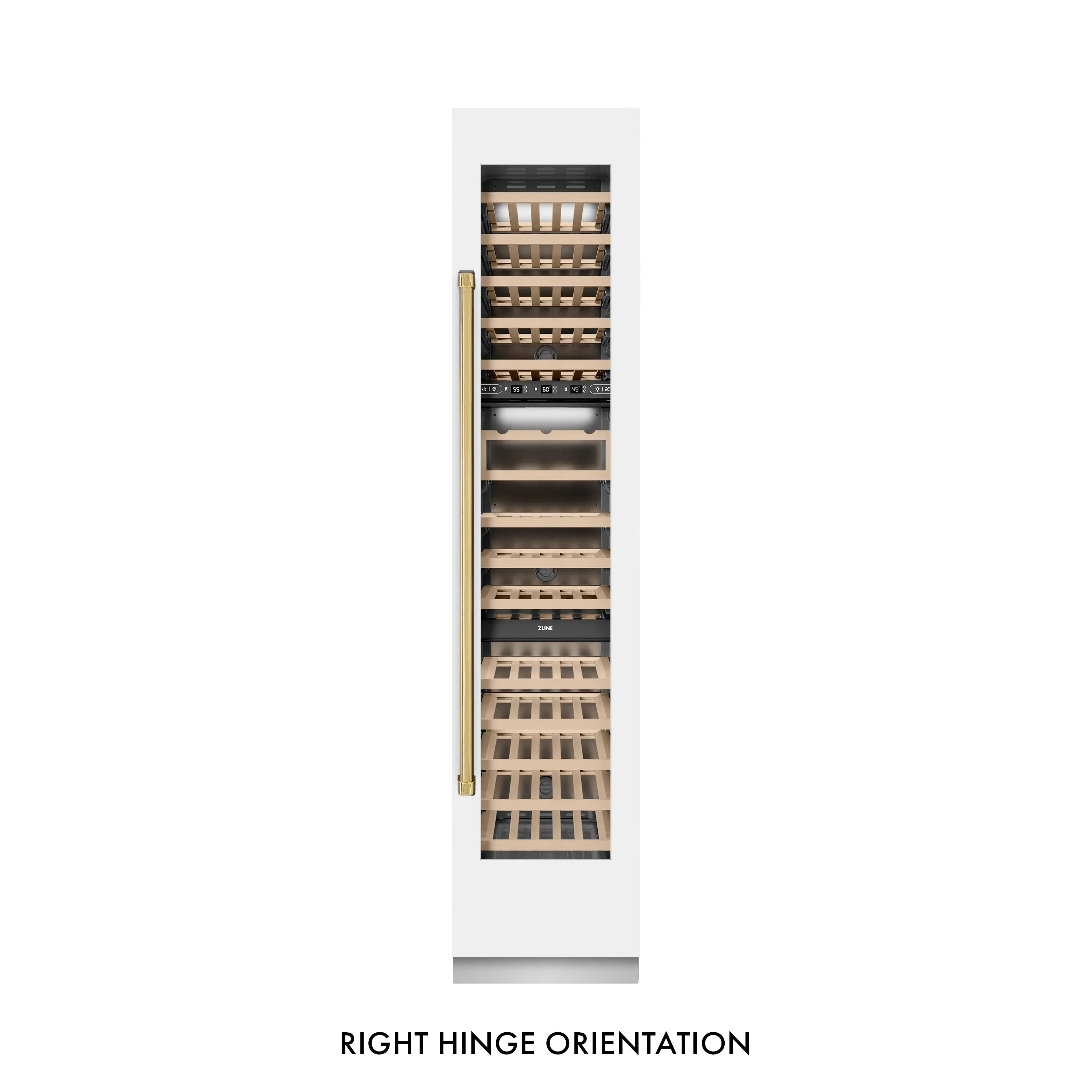 ZLINE Autograph Edition 18-Inch 9.0 Cu. Ft. Triple Zone 68 Bottle Right Hinge Column Wine Cooler in White Matte with Polished Gold Accents (RCWVRZ-WM-18-G) - Image 5