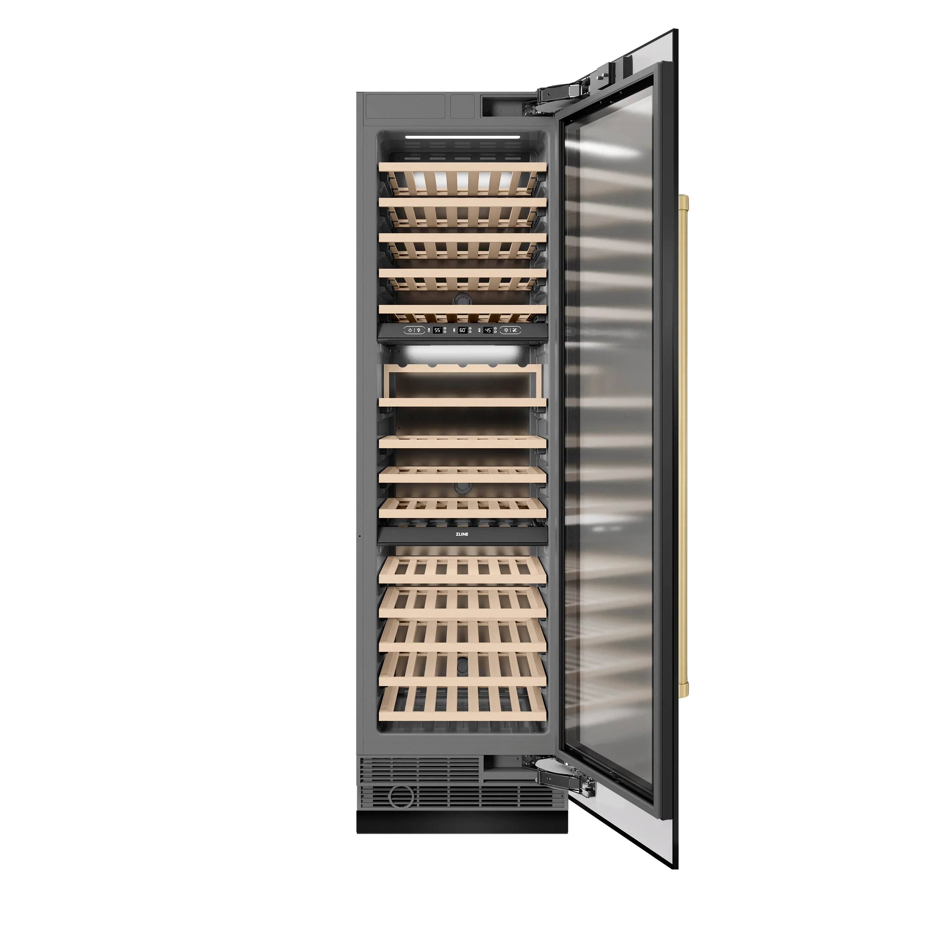 ZLINE Autograph Edition 24-Inch 12.4 Cu. Ft. Triple Zone 100 Bottle Column Wine Cooler in Black Stainless Steel and Champagne Bronze Accents (RCWVZ-BS-24-CB) - Image 3