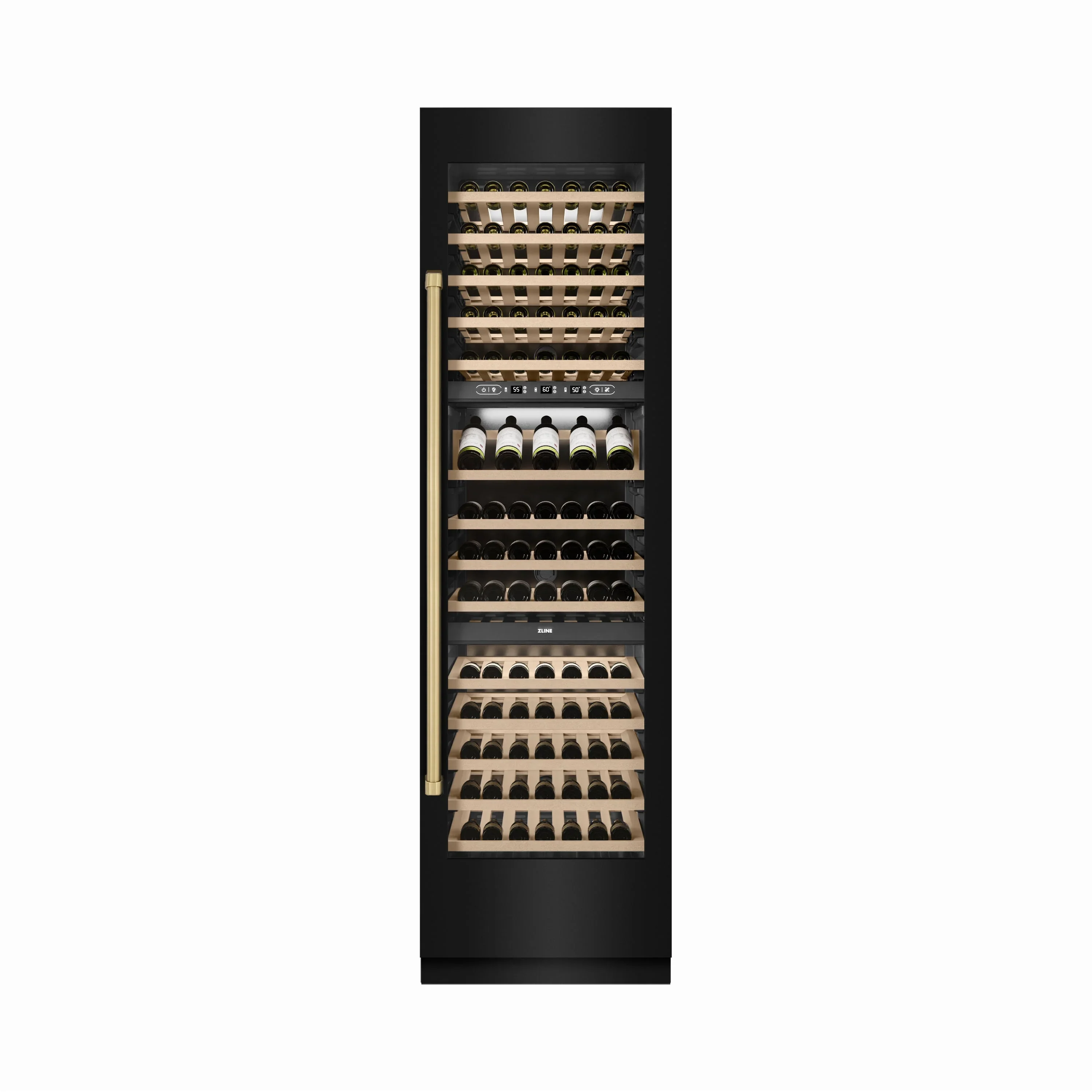 ZLINE Autograph Edition 24-Inch 12.4 Cu. Ft. Triple Zone 100 Bottle Column Wine Cooler in Black Stainless Steel and Champagne Bronze Accents (RCWVZ-BS-24-CB) - Image 5