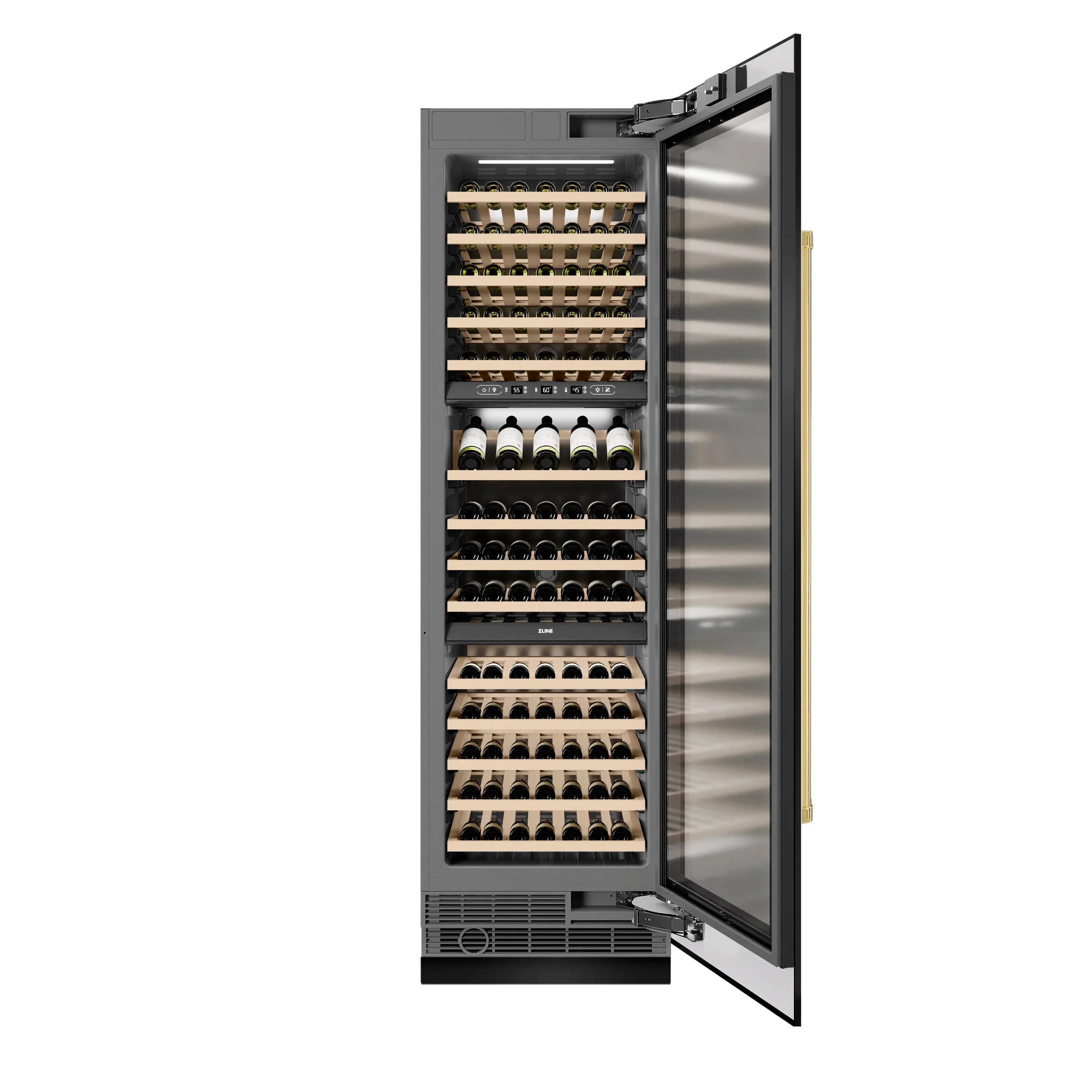 ZLINE Autograph Edition 24-Inch 12.4 Cu. Ft. Triple Zone 100 Bottle Column Wine Cooler in Black Stainless Steel and Polished Gold Accents (RCWVZ-BS-24-G) - Image 4