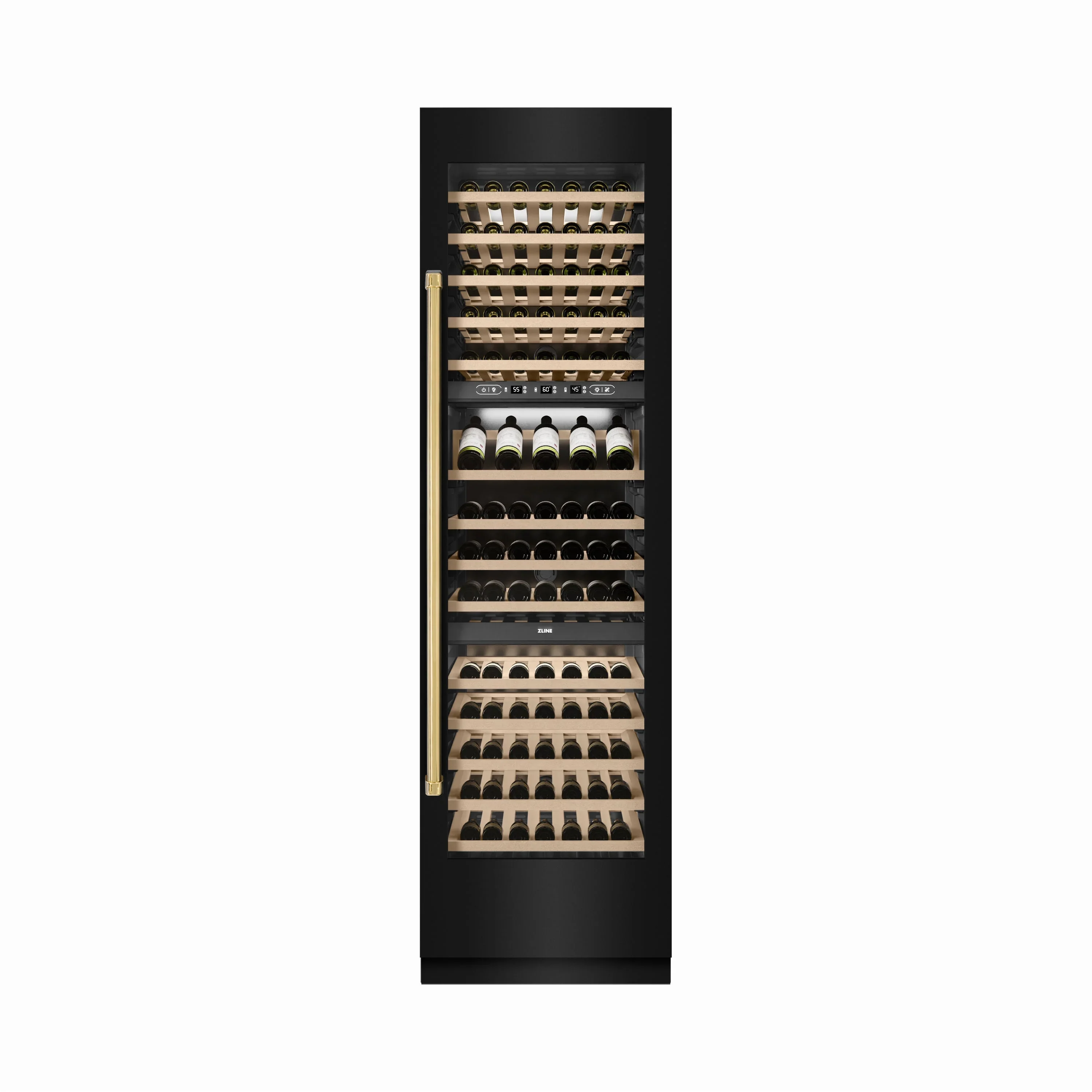 ZLINE Autograph Edition 24-Inch 12.4 Cu. Ft. Triple Zone 100 Bottle Column Wine Cooler in Black Stainless Steel and Polished Gold Accents (RCWVZ-BS-24-G) - Image 5