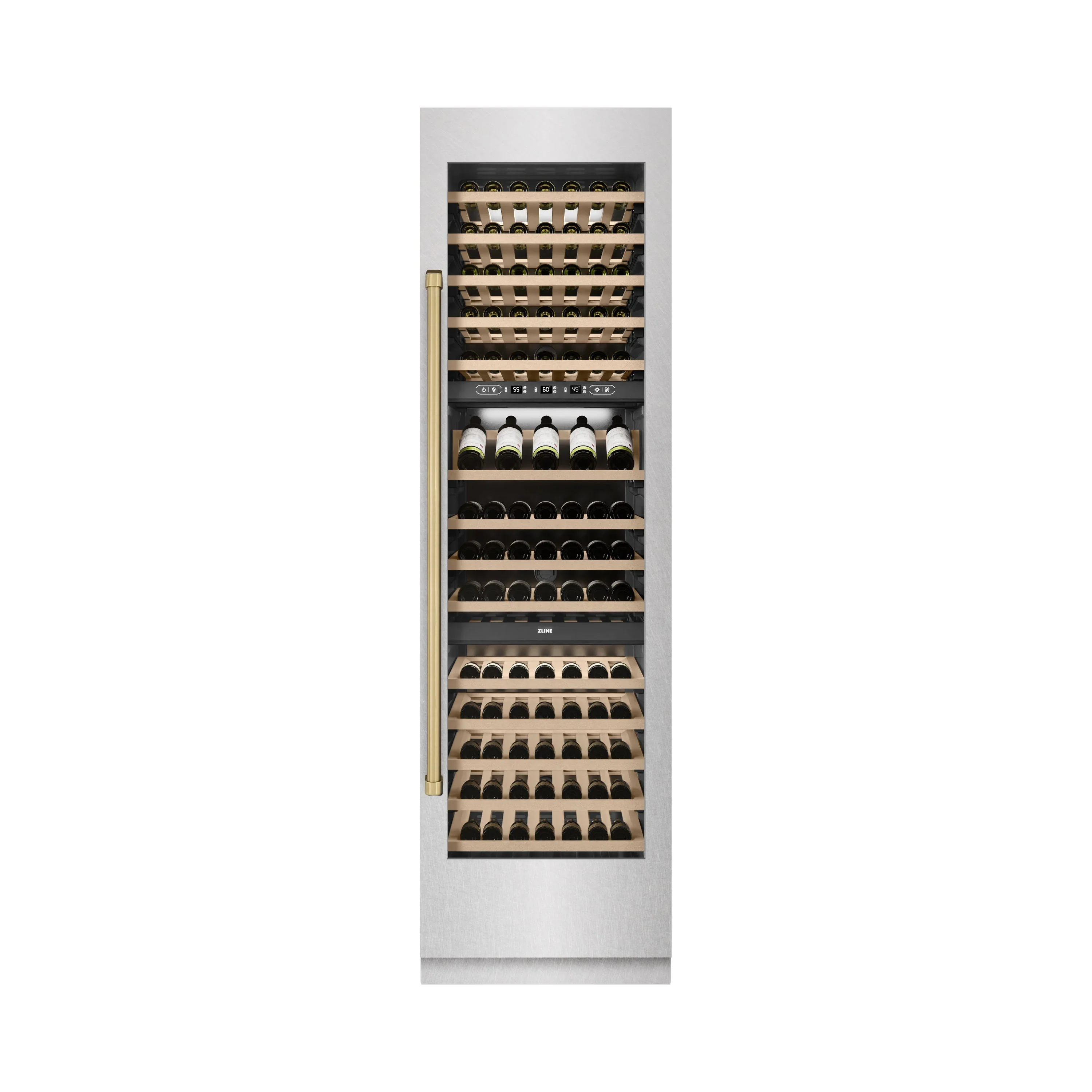 ZLINE Autograph Edition 24-Inch 12.4 Cu. Ft. Triple Zone 100 Bottle Column Wine Cooler in Satin Stainless Steel and Champagne Bronze Accents (RCWVZ-SN-24-CB) - Image 5