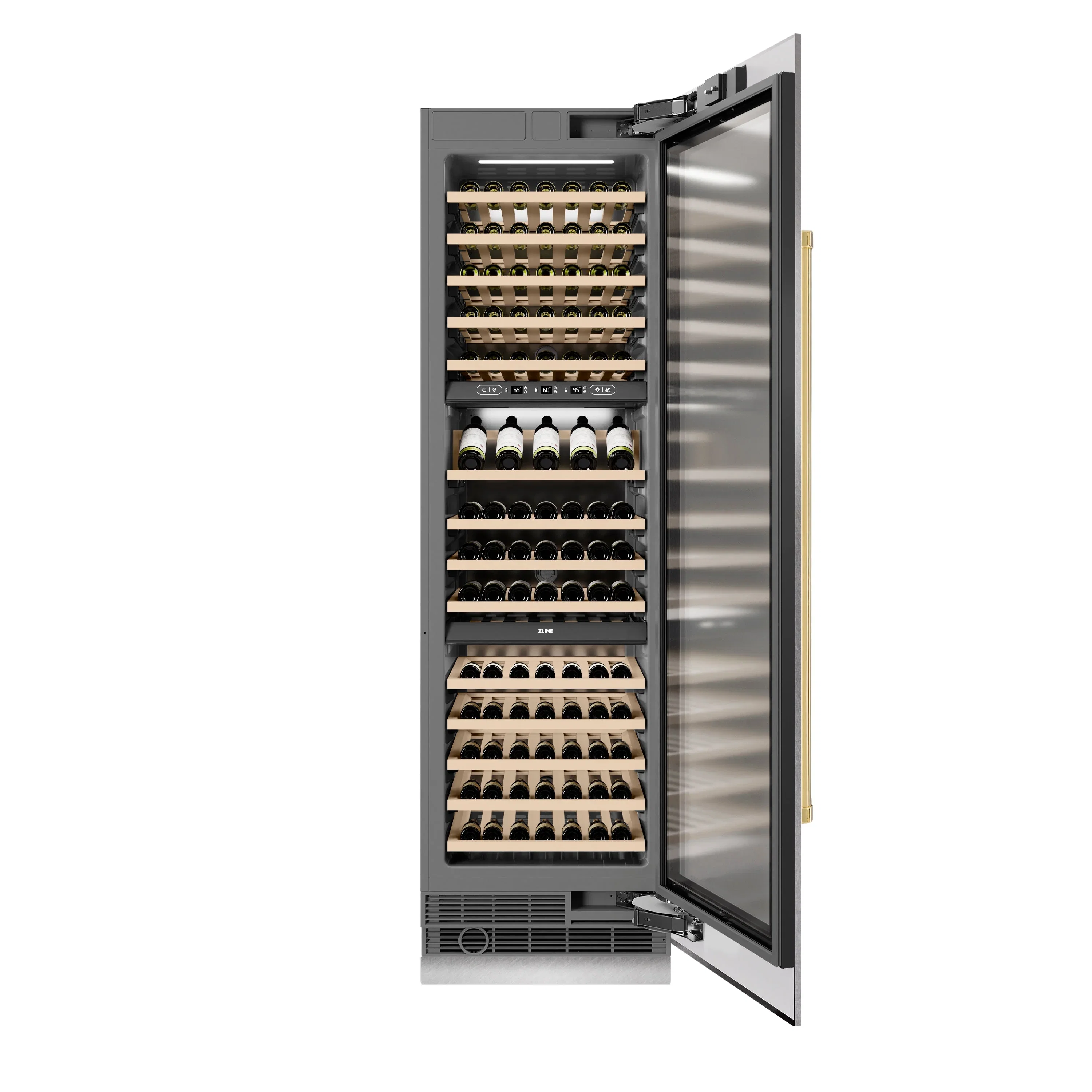 ZLINE Autograph Edition 24-Inch 12.4 Cu. Ft. Triple Zone 100 Bottle Column Wine Cooler in Satin Stainless Steel and Polished Gold Accents (RCWVZ-SN-24-G) - Image 4