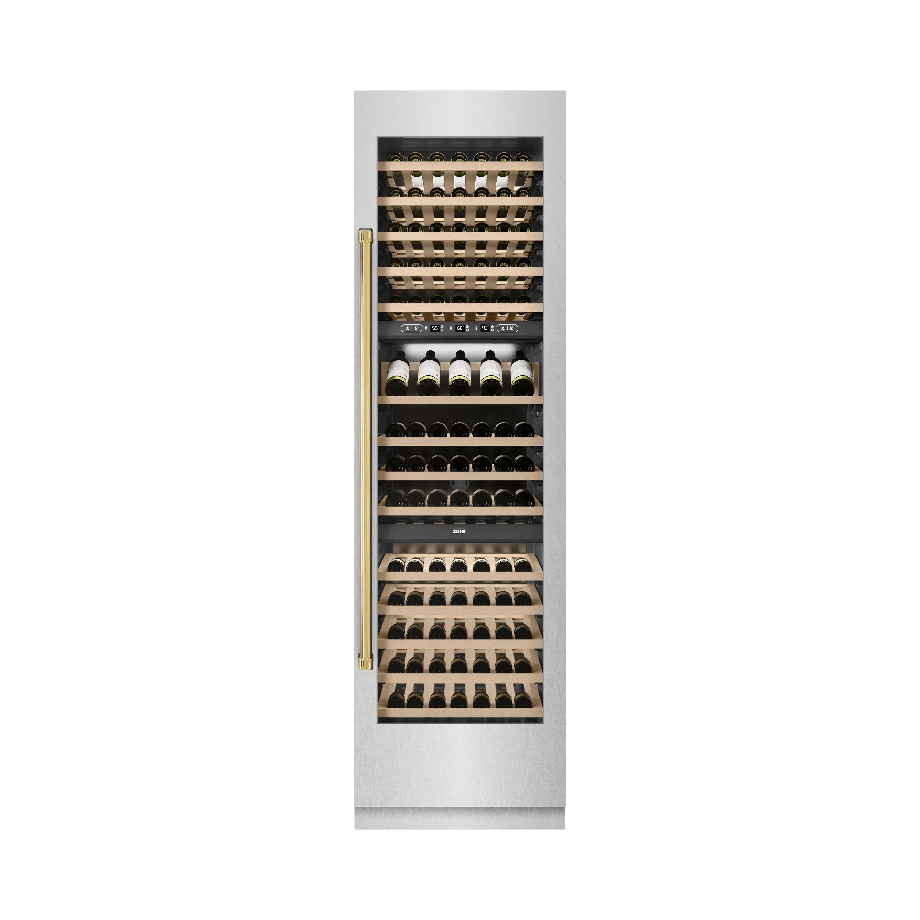 ZLINE Autograph Edition 24-Inch 12.4 Cu. Ft. Triple Zone 100 Bottle Column Wine Cooler in Satin Stainless Steel and Polished Gold Accents (RCWVZ-SN-24-G) - Image 5