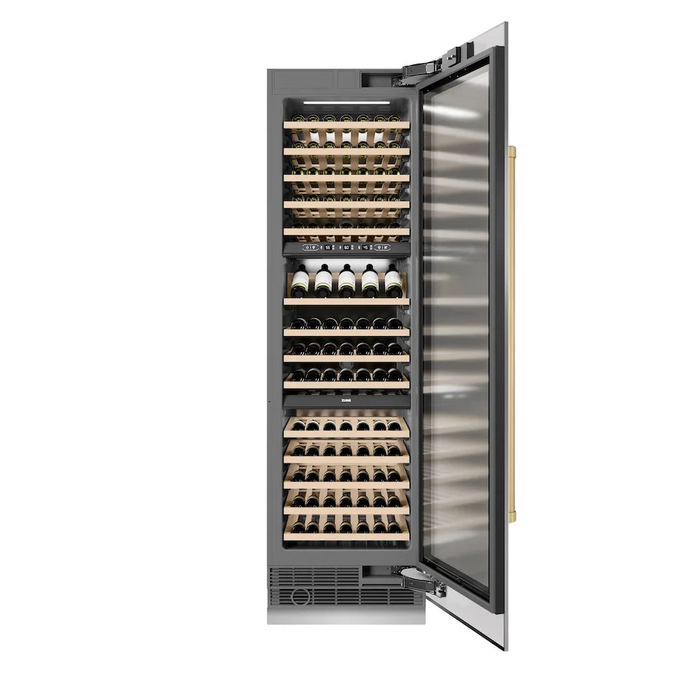 ZLINE Autograph Edition 24-Inch 12.4 Cu. Ft. Triple Zone 100 Bottle Column Wine Cooler in Stainless Steel and Champagne Bronze Accents (RCWVZ-304-24-CB) - Image 3
