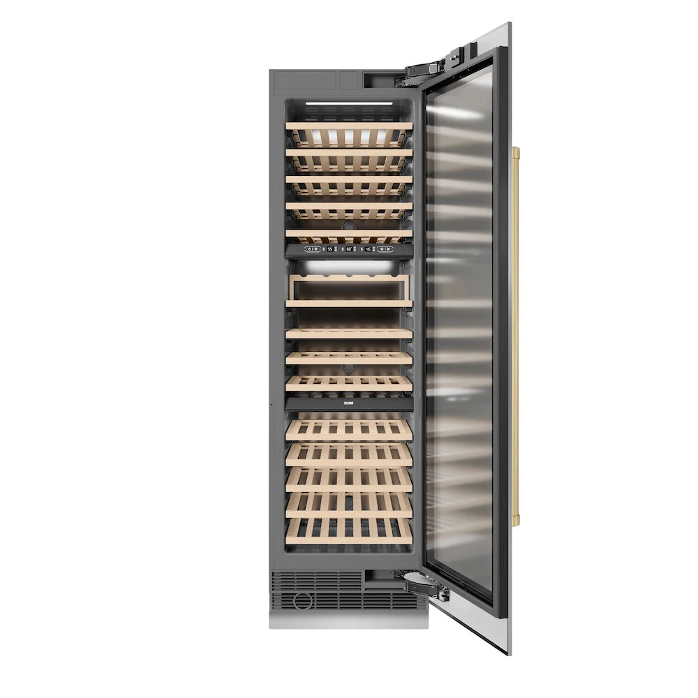 ZLINE Autograph Edition 24-Inch 12.4 Cu. Ft. Triple Zone 100 Bottle Column Wine Cooler in Stainless Steel and Champagne Bronze Accents (RCWVZ-304-24-CB) - Image 4