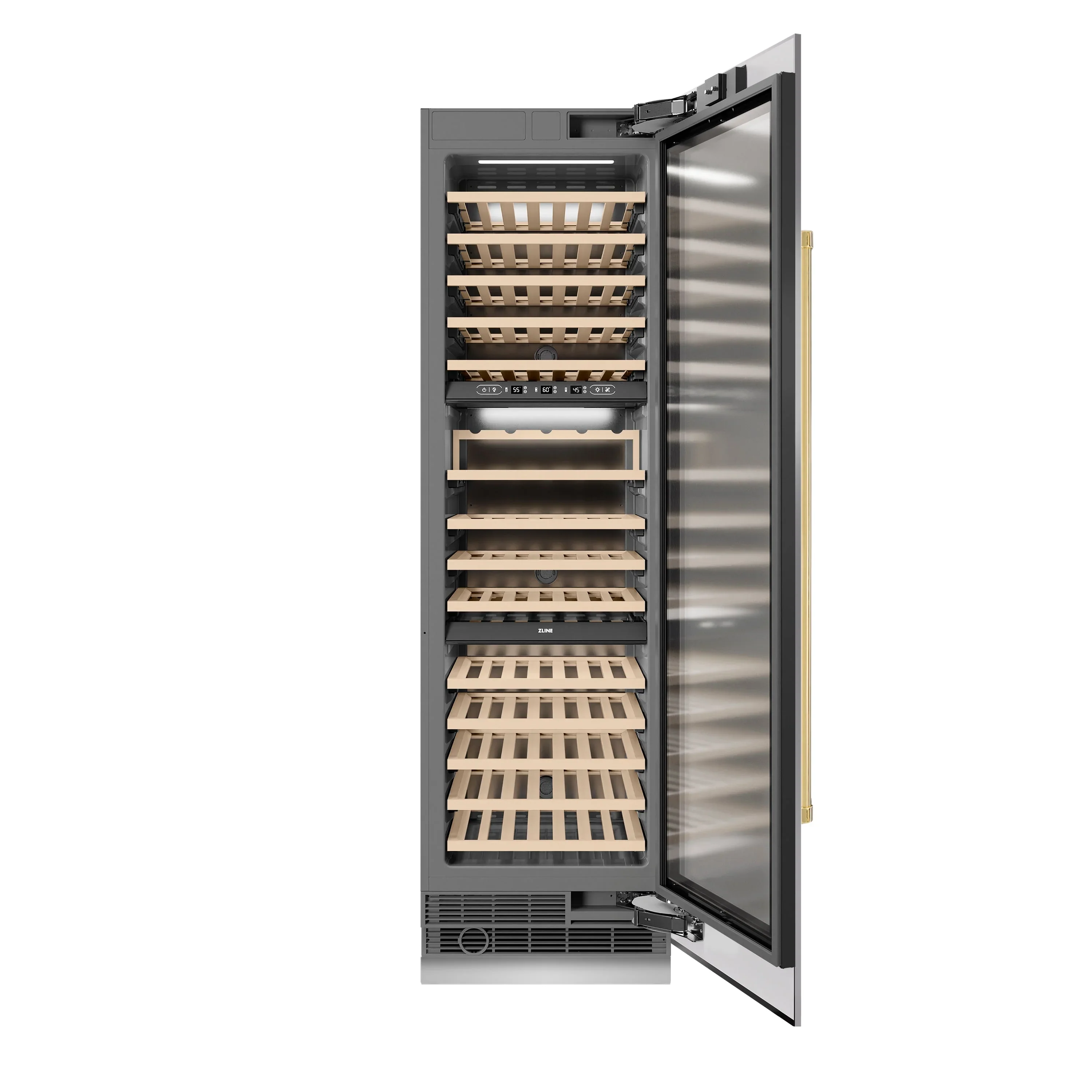 ZLINE Autograph Edition 24-Inch 12.4 Cu. Ft. Triple Zone 100 Bottle Column Wine Cooler in Stainless Steel and Polished Gold Accents (RCWVZ-304-24-G) - Image 2