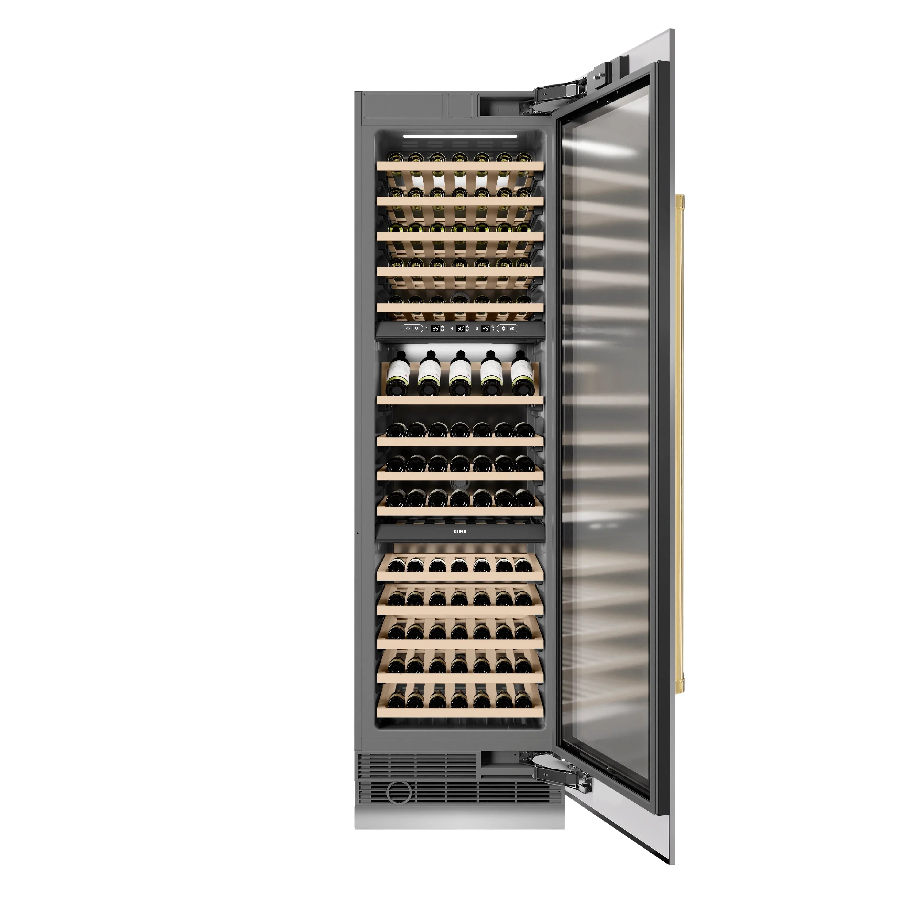 ZLINE Autograph Edition 24-Inch 12.4 Cu. Ft. Triple Zone 100 Bottle Column Wine Cooler in Stainless Steel and Polished Gold Accents (RCWVZ-304-24-G) - Image 3