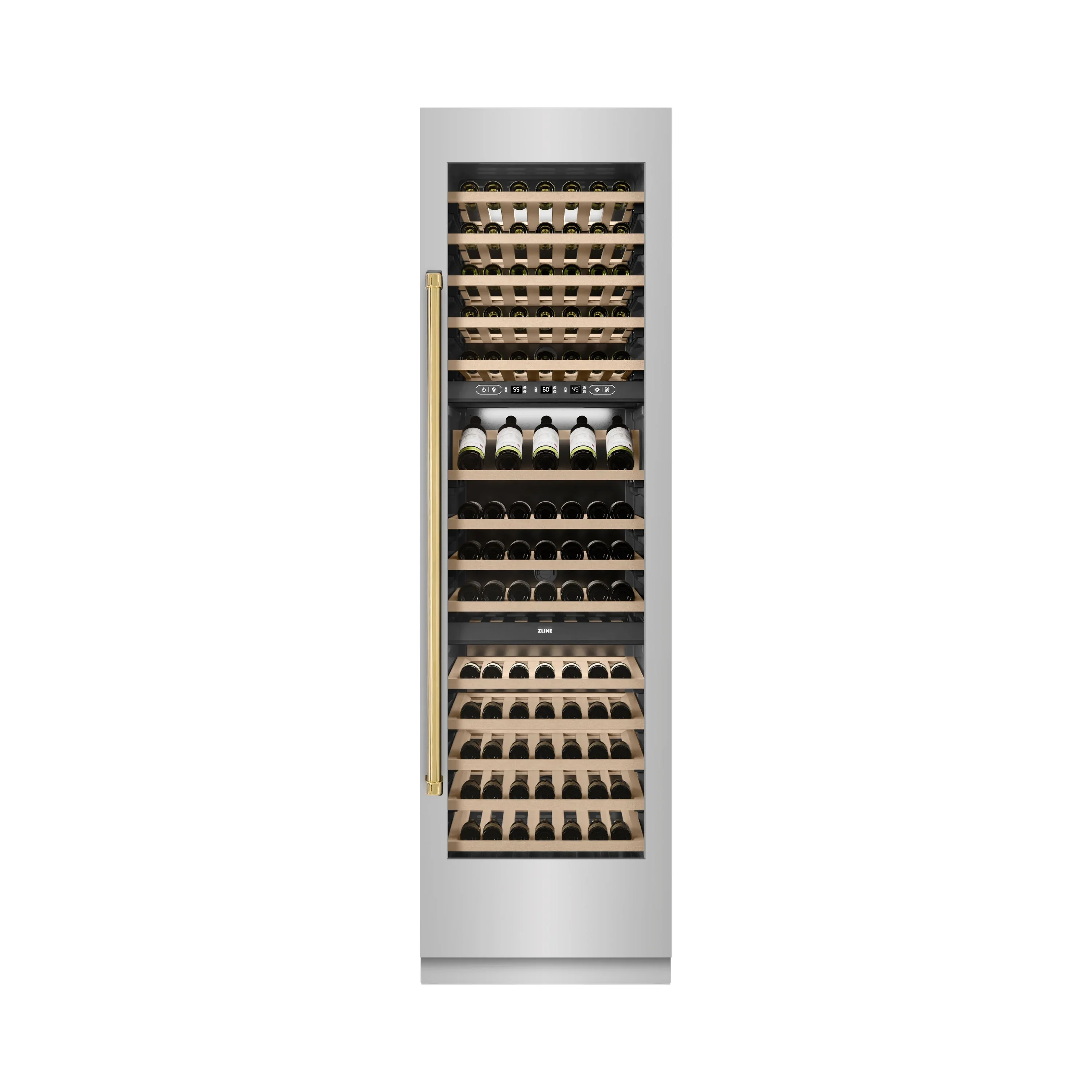 ZLINE Autograph Edition 24-Inch 12.4 Cu. Ft. Triple Zone 100 Bottle Column Wine Cooler in Stainless Steel and Polished Gold Accents (RCWVZ-304-24-G) - Image 4