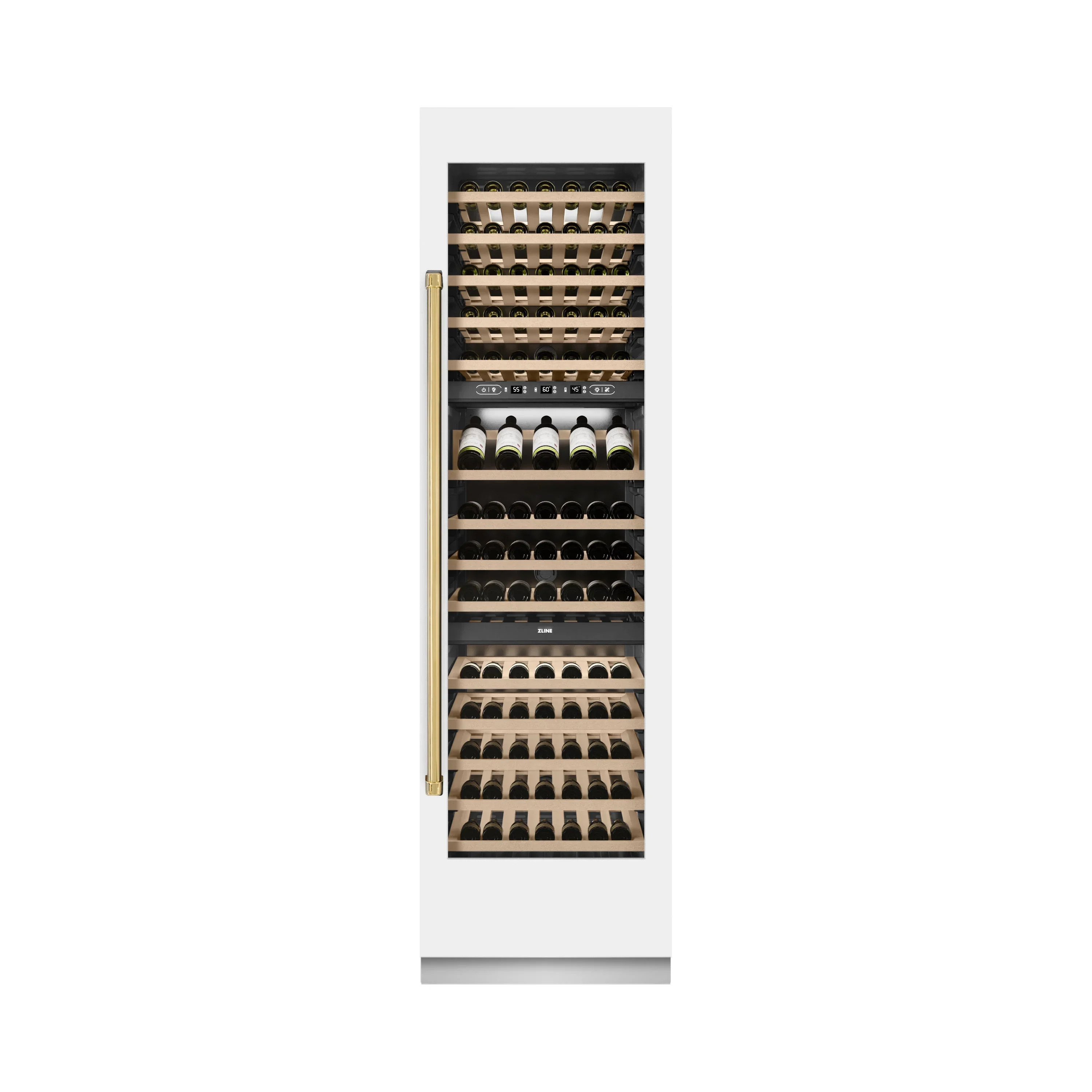 ZLINE Autograph Edition 24-Inch 12.4 Cu. Ft. Triple Zone 100 Bottle Column Wine Cooler in White Matte and Polished Gold Accents (RCWVZ-WM-24-G) - Image 3