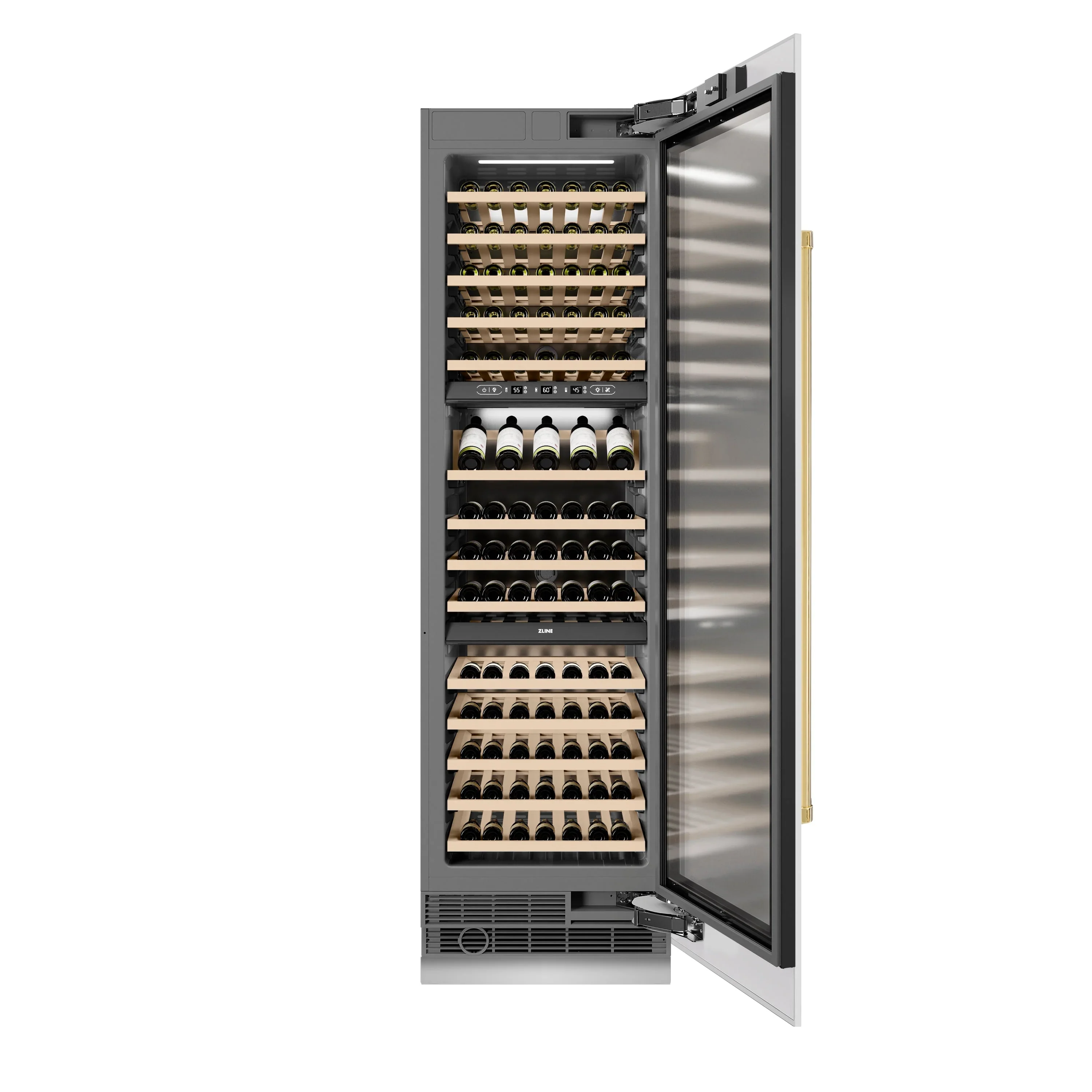 ZLINE Autograph Edition 24-Inch 12.4 Cu. Ft. Triple Zone 100 Bottle Column Wine Cooler in White Matte and Polished Gold Accents (RCWVZ-WM-24-G) - Image 5