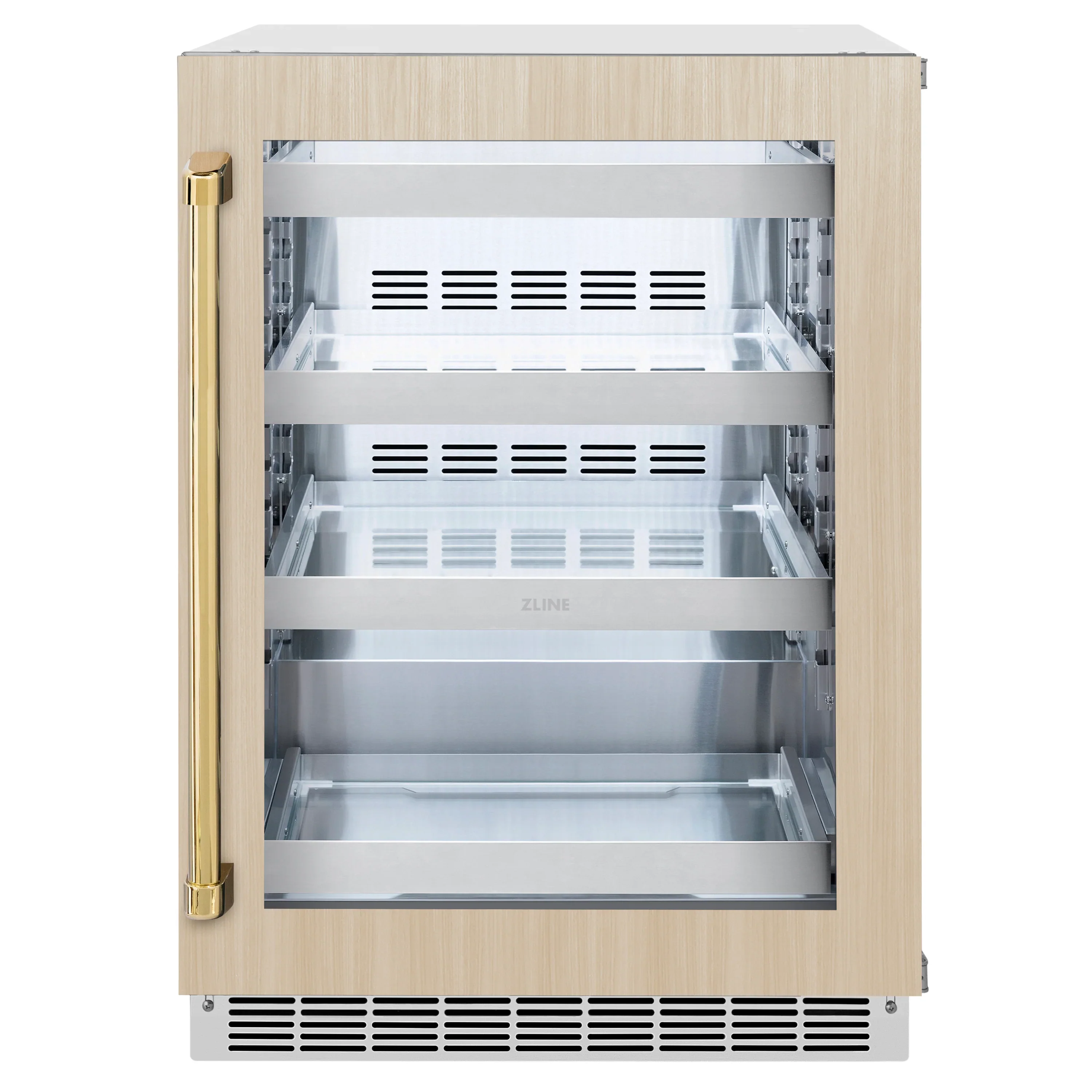 ZLINE Autograph Edition 24-Inch Touchstone 151 Can Indoor/Outdoor Beverage Fridge With Panel Ready Glass Door And Polished Gold Handle (RBSPOZ-24-G) - Image 4