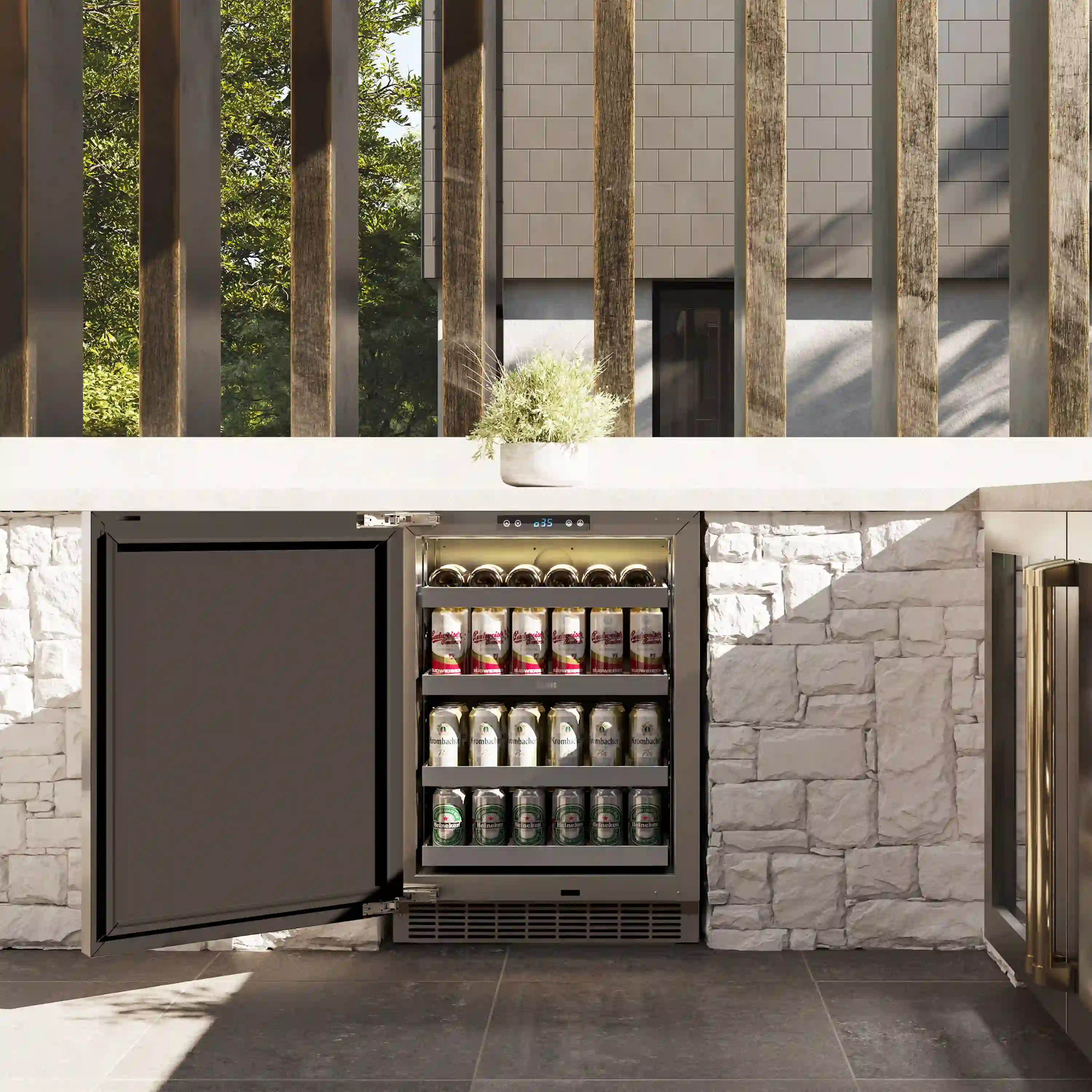 ZLINE Autograph Edition 24-Inch Touchstone 151 Can Indoor/Outdoor Beverage Fridge With Solid Stainless Steel Door And Polished Gold Handle (RBSOZ-ST-24-G) - Image 2