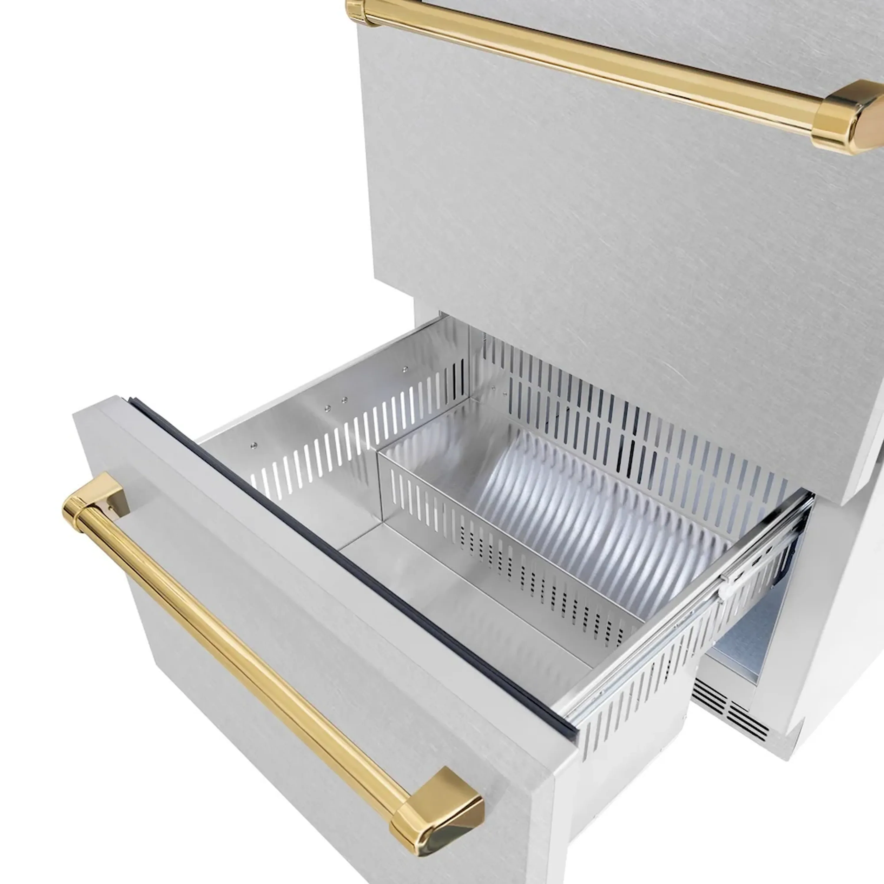 ZLINE Autograph Edition 24-Inch Touchstone Refrigerator Drawer in DuraSnow Stainless Steel and Gold Handles (RDSOZ-SN-24-G) - Image 6