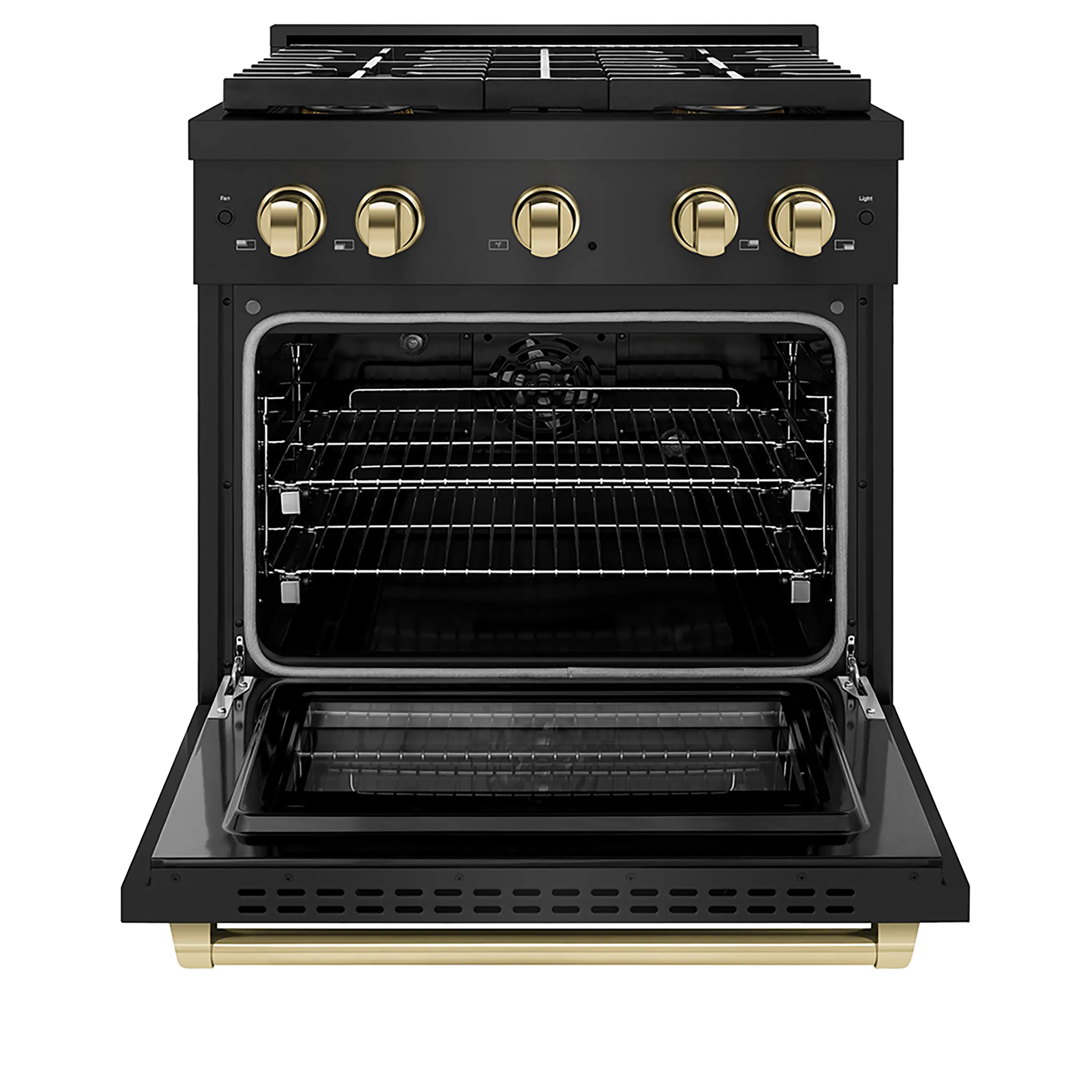 ZLINE Autograph Edition 30 in. 4.2 cu. ft. Paramount Dual Fuel Range with 4 Burner DuoPro™ Cooktop and Electric Convection Oven in Black Stainless Steel and Polished Gold Accents (PSDRBZ-30-G) - Image 2