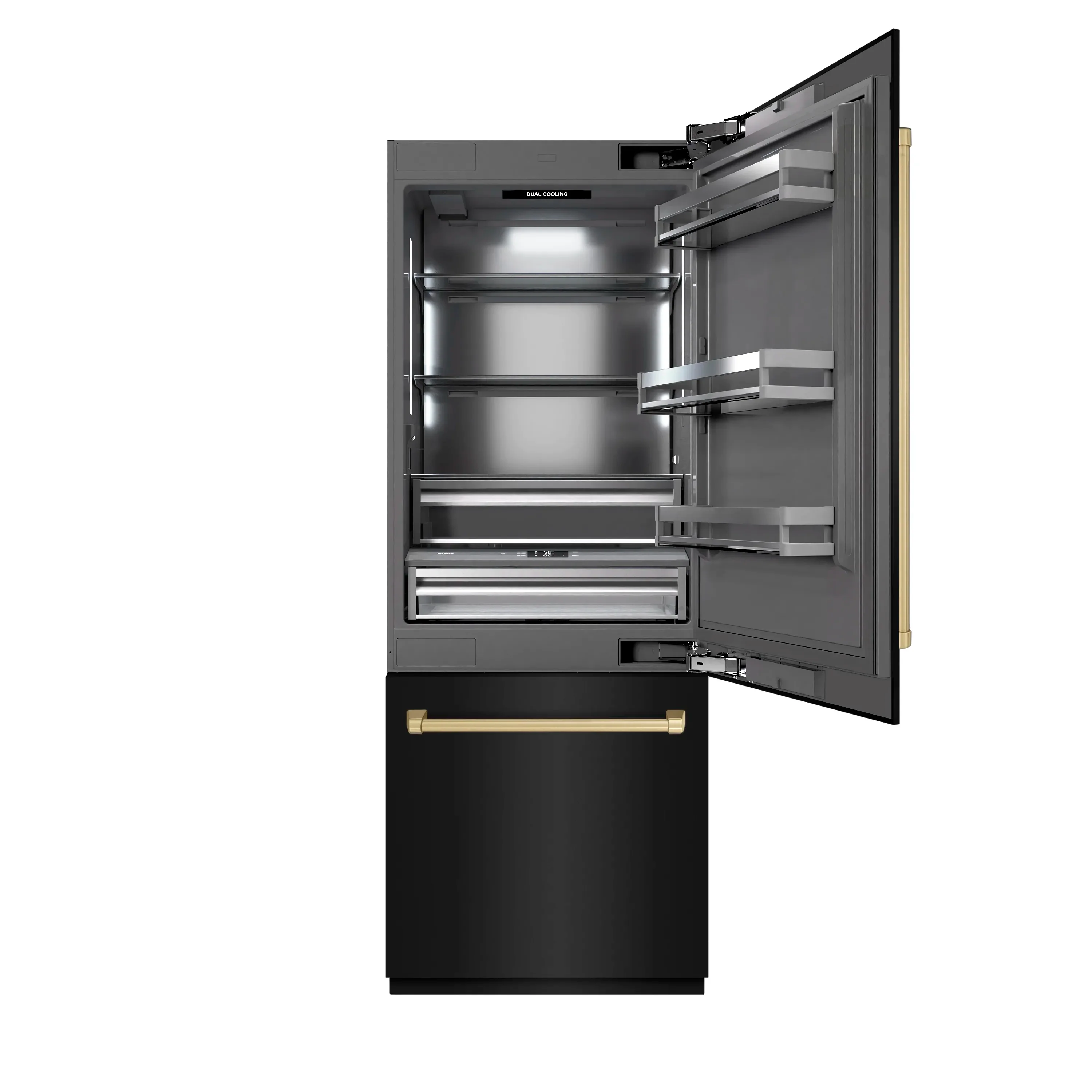 ZLINE Autograph Edition 30-Inch 16.1 Cu. Ft. Built-In Bottom Freezer Refrigerator with Water Dispenser and Ice Maker in Black Stainless Steel with Graphite Gray Interior and Champagne Bronze Accents (GRBIVZ-BS-30-CB) - Image 2
