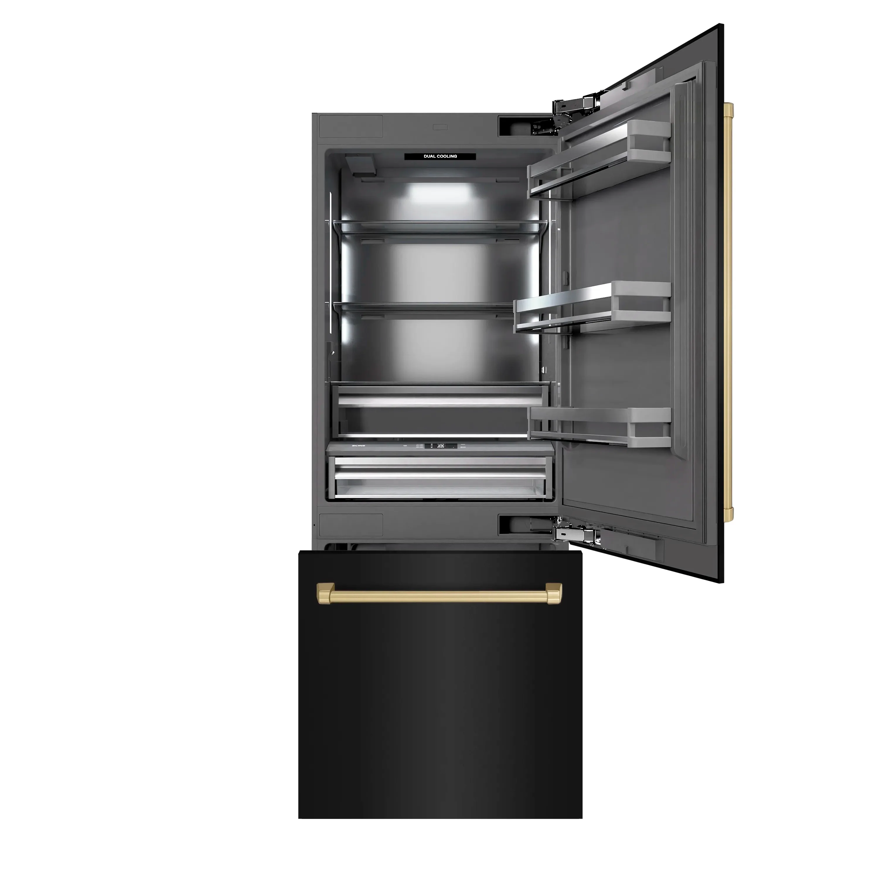 ZLINE Autograph Edition 30-Inch 16.1 Cu. Ft. Built-In Bottom Freezer Refrigerator with Water Dispenser and Ice Maker in Black Stainless Steel with Graphite Gray Interior and Champagne Bronze Accents (GRBIVZ-BS-30-CB) - Image 3