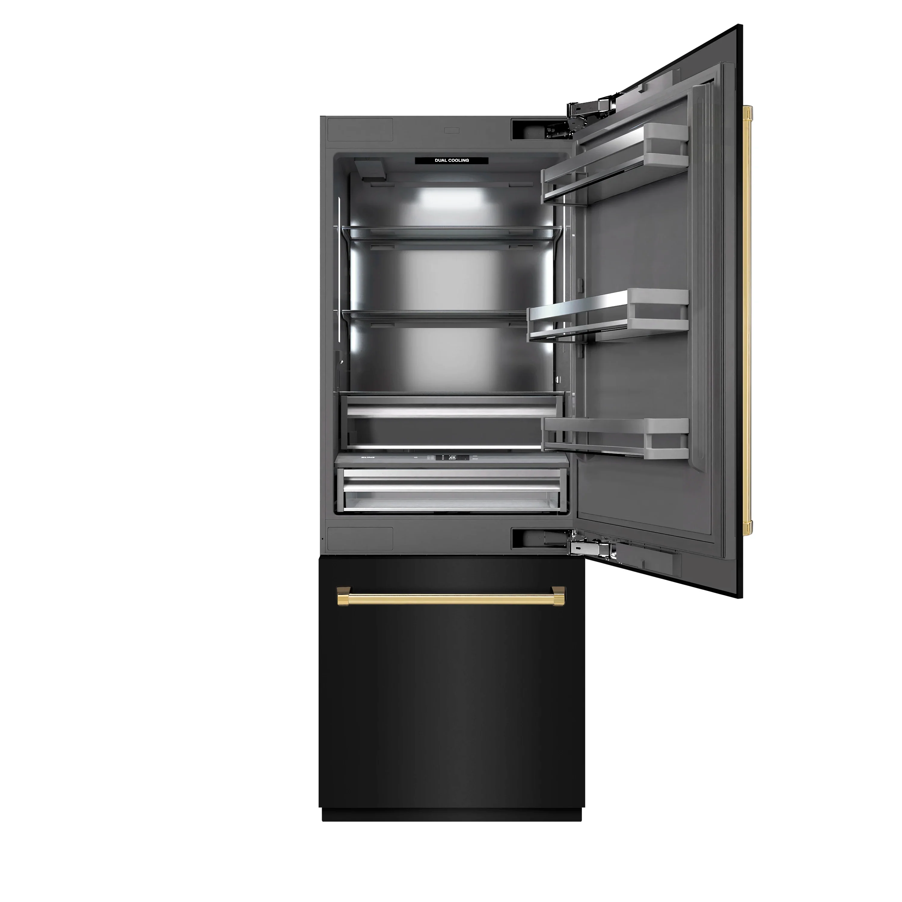 ZLINE Autograph Edition 30-Inch 16.1 Cu. Ft. Built-In Bottom Freezer Refrigerator with Water Dispenser and Ice Maker in Black Stainless Steel with Graphite Gray Interior and Polished Gold Accents (GRBIVZ-BS-30-G) - Image 2