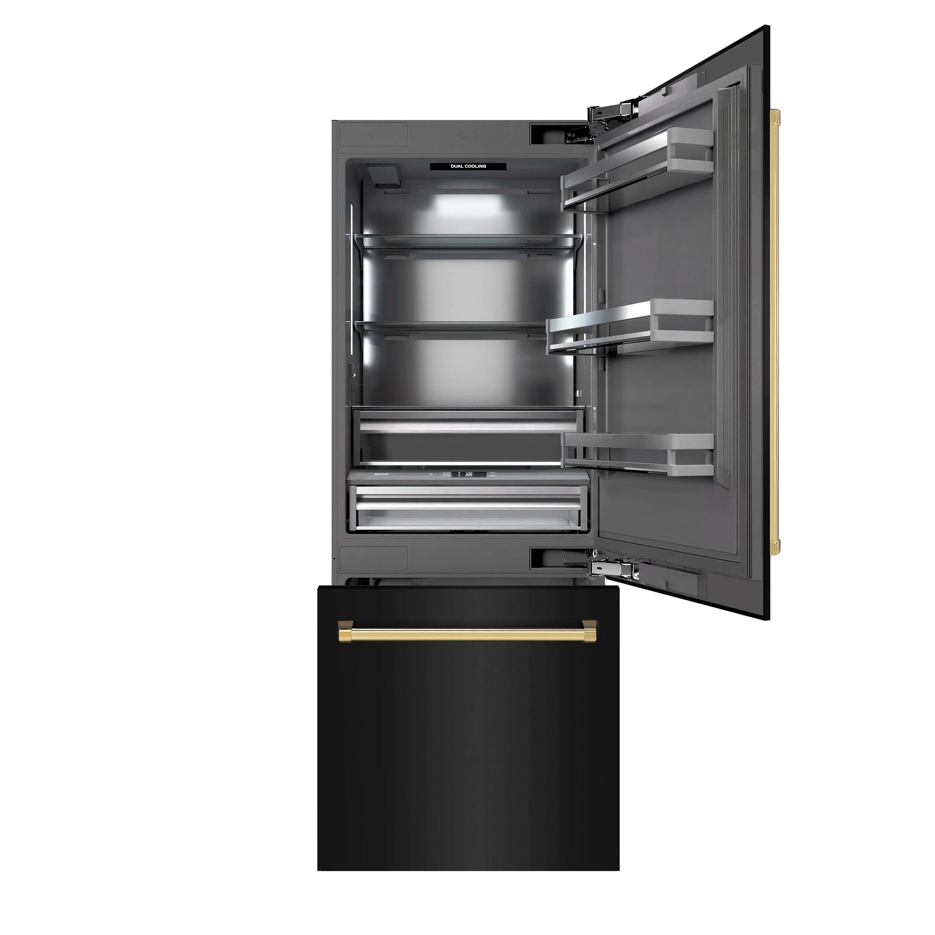 ZLINE Autograph Edition 30-Inch 16.1 Cu. Ft. Built-In Bottom Freezer Refrigerator with Water Dispenser and Ice Maker in Black Stainless Steel with Graphite Gray Interior and Polished Gold Accents (GRBIVZ-BS-30-G) - Image 3