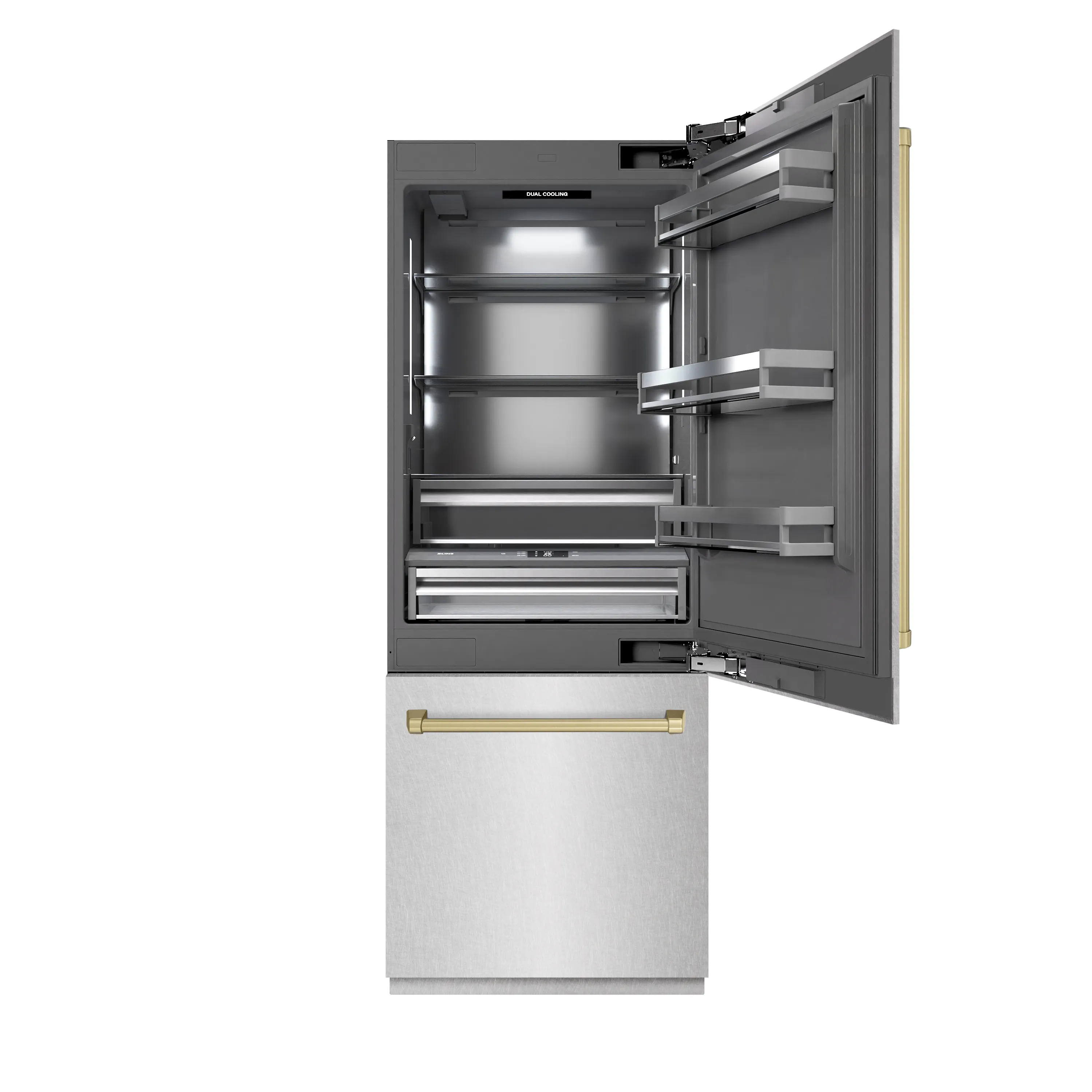 ZLINE Autograph Edition 30-Inch 16.1 Cu. Ft. Built-In Bottom Freezer Refrigerator with Water Dispenser and Ice Maker in Satin Stainless Steel with Graphite Gray Interior and Champagne Bronze Accents (GRBIVZ-SN-30-CB) - Image 2