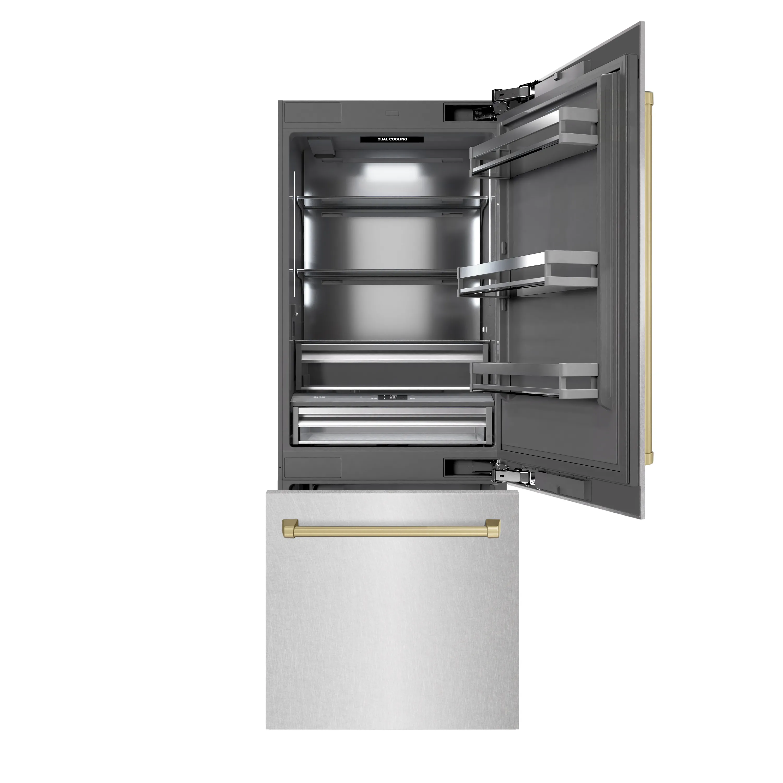ZLINE Autograph Edition 30-Inch 16.1 Cu. Ft. Built-In Bottom Freezer Refrigerator with Water Dispenser and Ice Maker in Satin Stainless Steel with Graphite Gray Interior and Champagne Bronze Accents (GRBIVZ-SN-30-CB) - Image 3