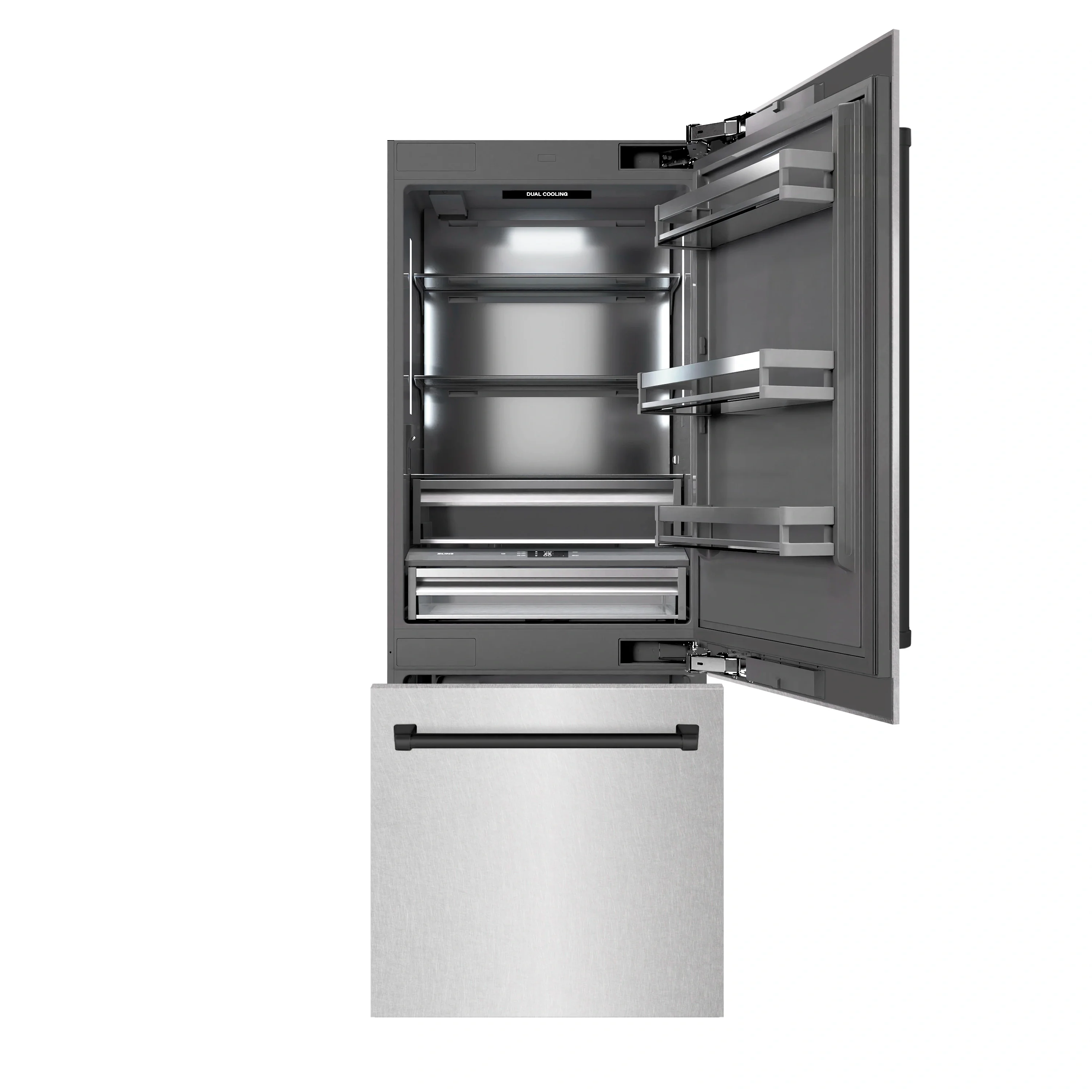 ZLINE Autograph Edition 30-Inch 16.1 Cu. Ft. Built-In Bottom Freezer Refrigerator with Water Dispenser and Ice Maker in Satin Stainless Steel with Graphite Gray Interior and Matte Black Accents (GRBIVZ-SN-30-MB) - Image 3