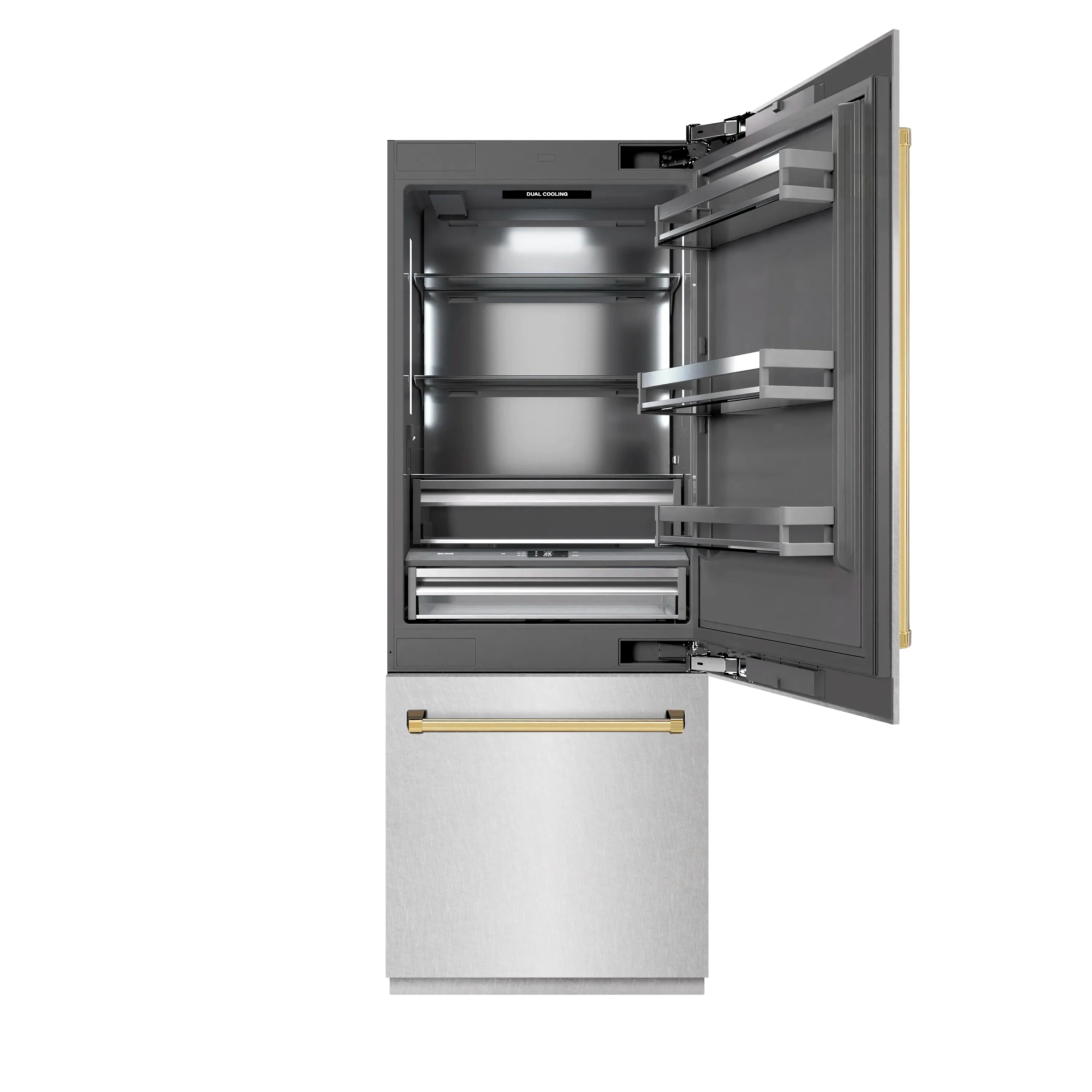 ZLINE Autograph Edition 30-Inch 16.1 Cu. Ft. Built-In Bottom Freezer Refrigerator with Water Dispenser and Ice Maker in Satin Stainless Steel with Graphite Gray Interior and Polished Gold Accents (GRBIVZ-SN-30-G) - Image 2
