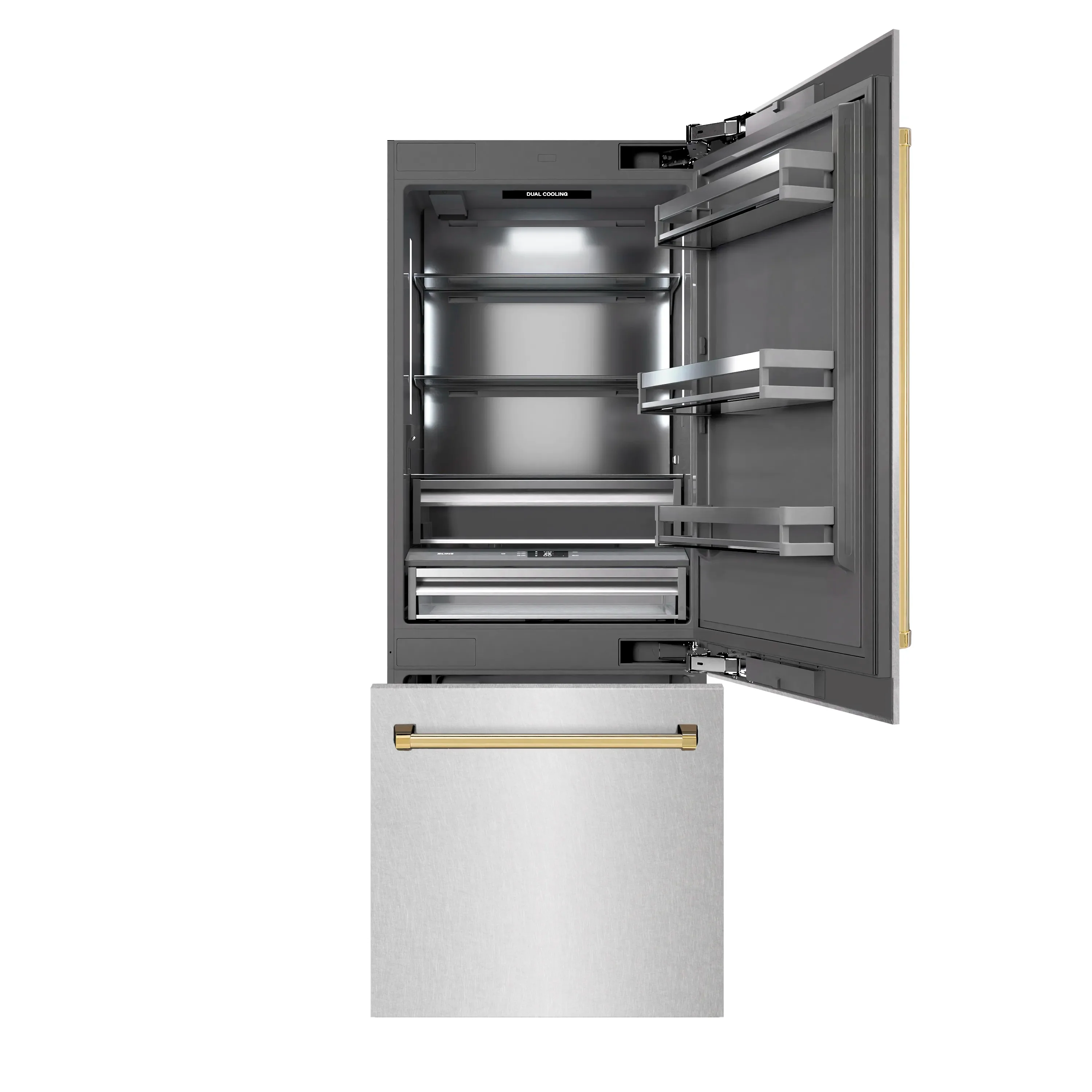 ZLINE Autograph Edition 30-Inch 16.1 Cu. Ft. Built-In Bottom Freezer Refrigerator with Water Dispenser and Ice Maker in Satin Stainless Steel with Graphite Gray Interior and Polished Gold Accents (GRBIVZ-SN-30-G) - Image 3