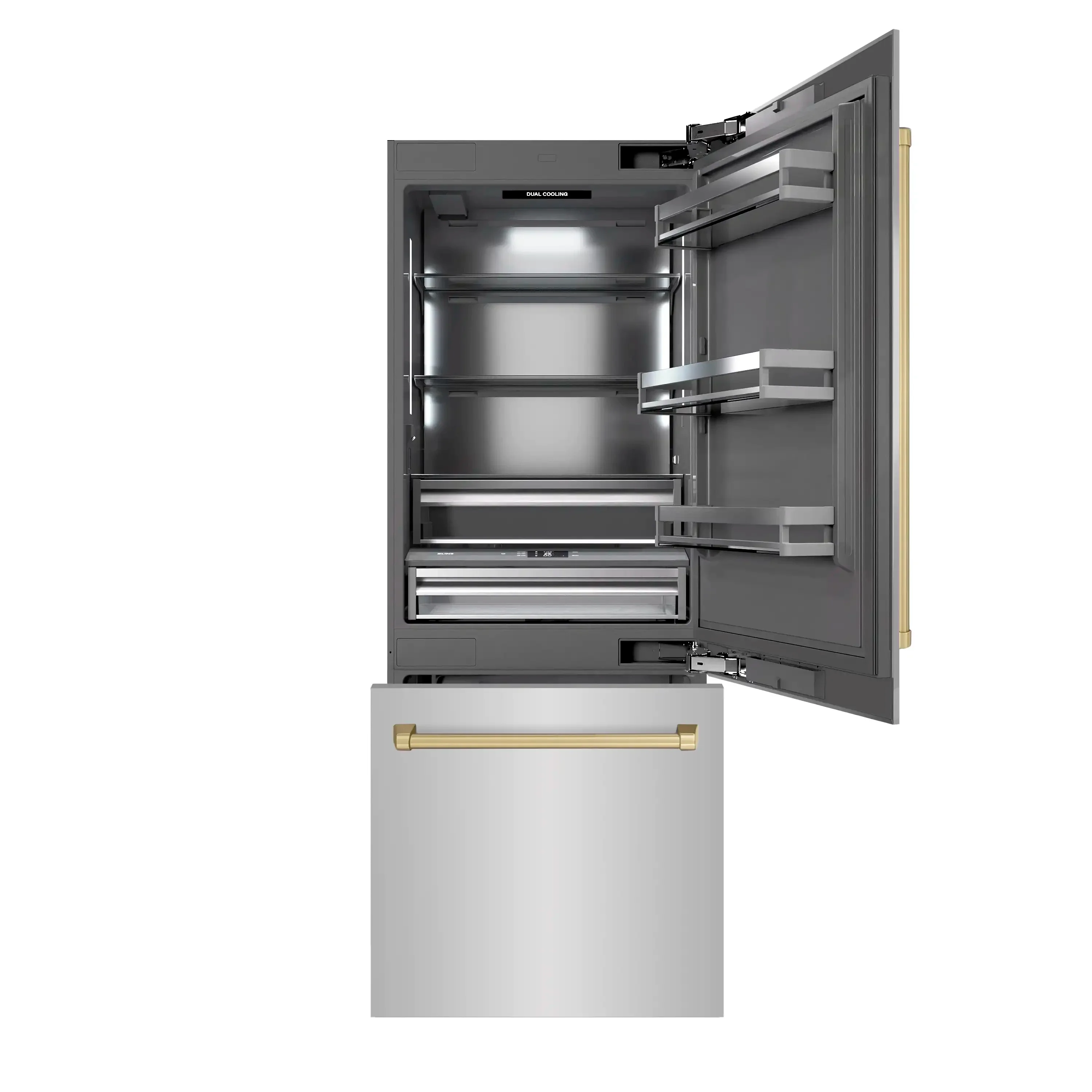 ZLINE Autograph Edition 30-Inch 16.1 Cu. Ft. Built-In Bottom Freezer Refrigerator with Water Dispenser and Ice Maker in Stainless Steel with Graphite Gray Interior and Champagne Bronze Accents (GRBIVZ-304-30CB) - Image 2