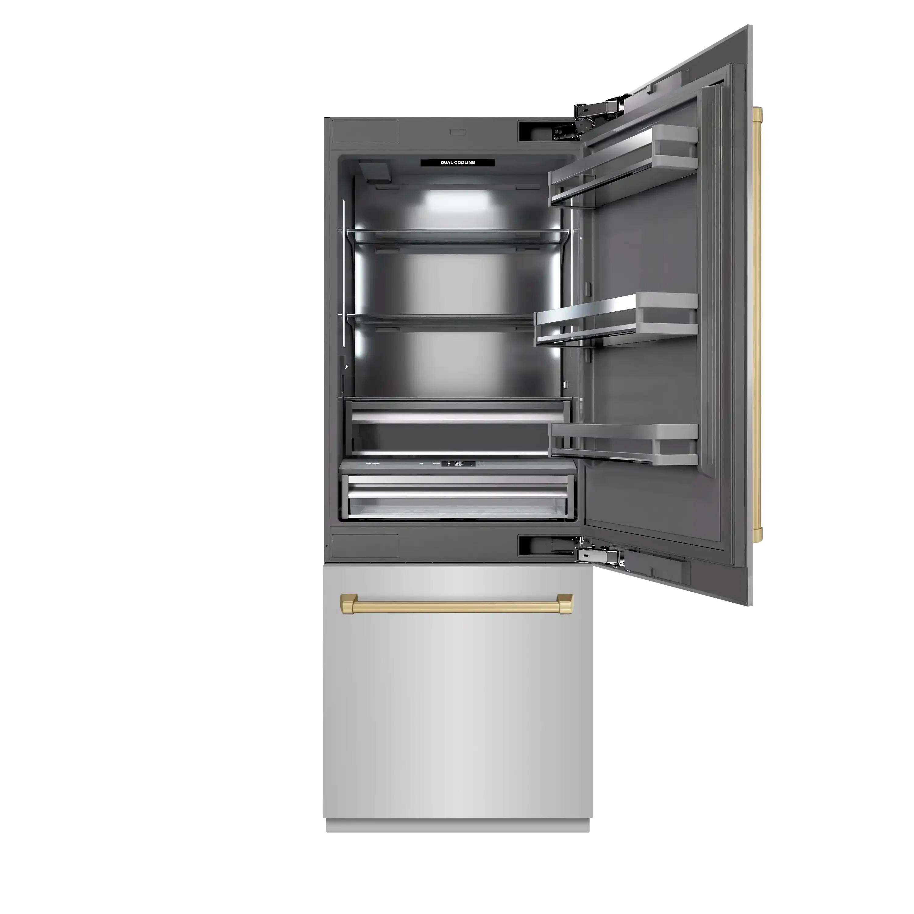 ZLINE Autograph Edition 30-Inch 16.1 Cu. Ft. Built-In Bottom Freezer Refrigerator with Water Dispenser and Ice Maker in Stainless Steel with Graphite Gray Interior and Champagne Bronze Accents (GRBIVZ-304-30CB) - Image 3
