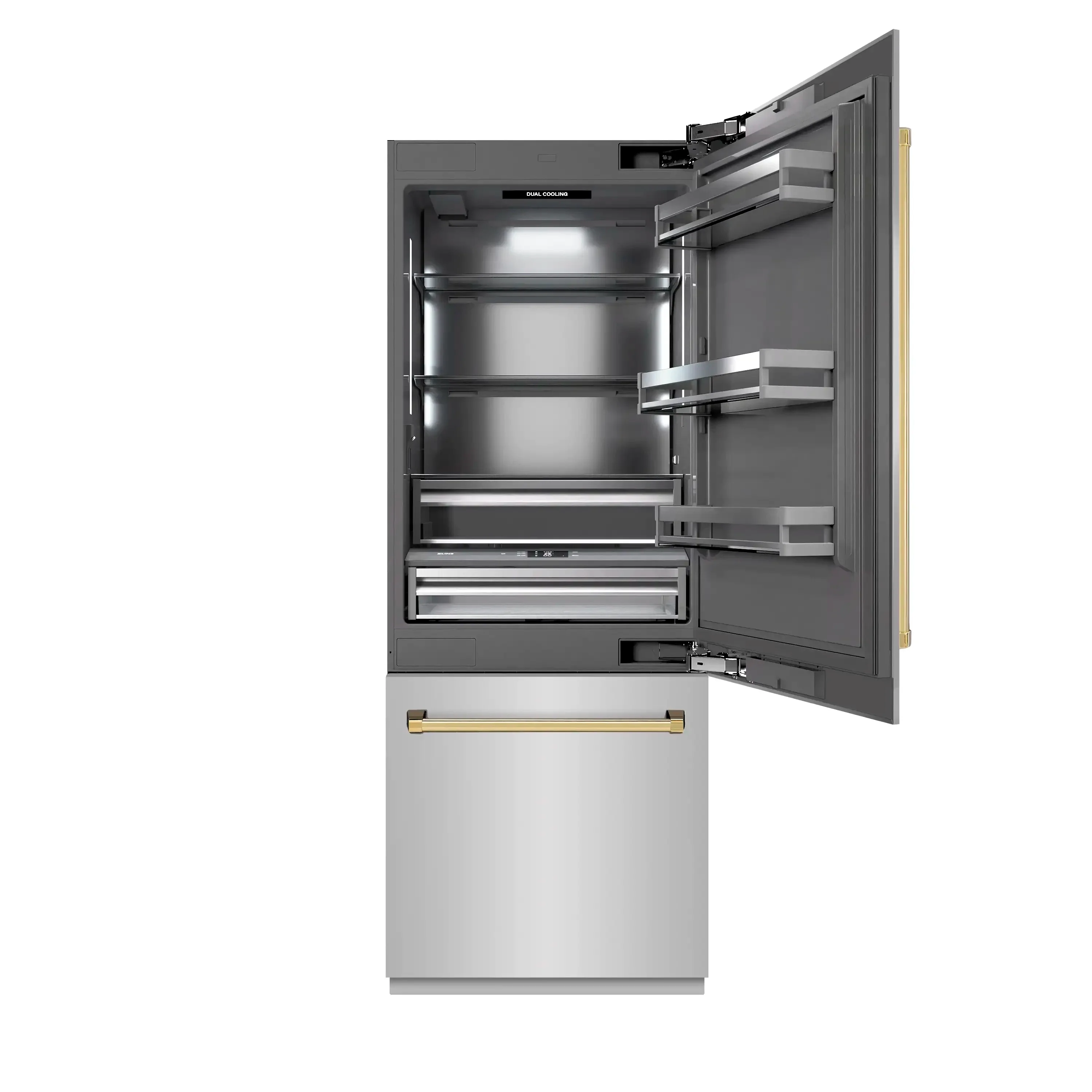 ZLINE Autograph Edition 30-Inch 16.1 Cu. Ft. Built-In Bottom Freezer Refrigerator with Water Dispenser and Ice Maker in Stainless Steel with Graphite Gray Interior and Polished Gold Accents (GRBIVZ-304-30G) - Image 2
