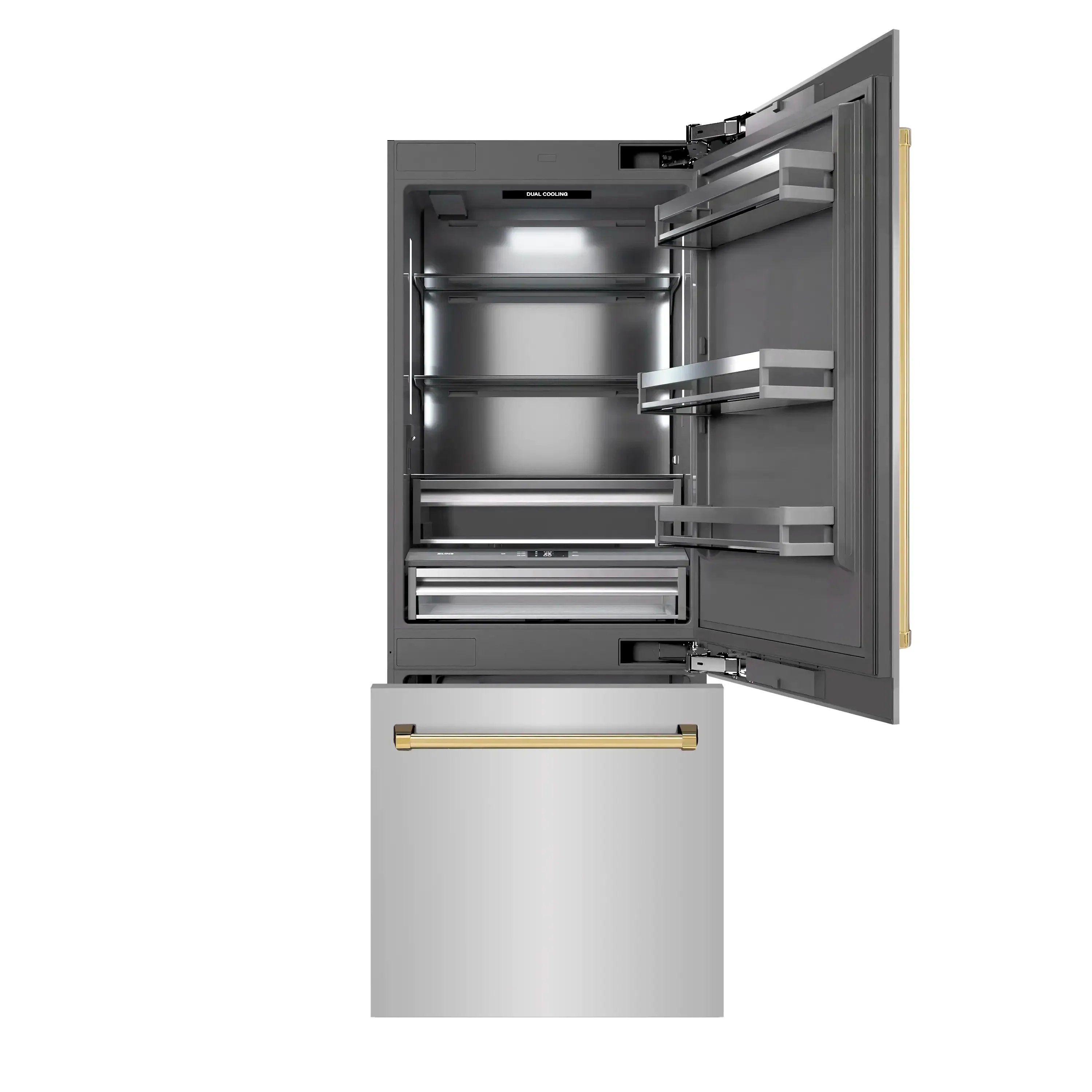 ZLINE Autograph Edition 30-Inch 16.1 Cu. Ft. Built-In Bottom Freezer Refrigerator with Water Dispenser and Ice Maker in Stainless Steel with Graphite Gray Interior and Polished Gold Accents (GRBIVZ-304-30G) - Image 3