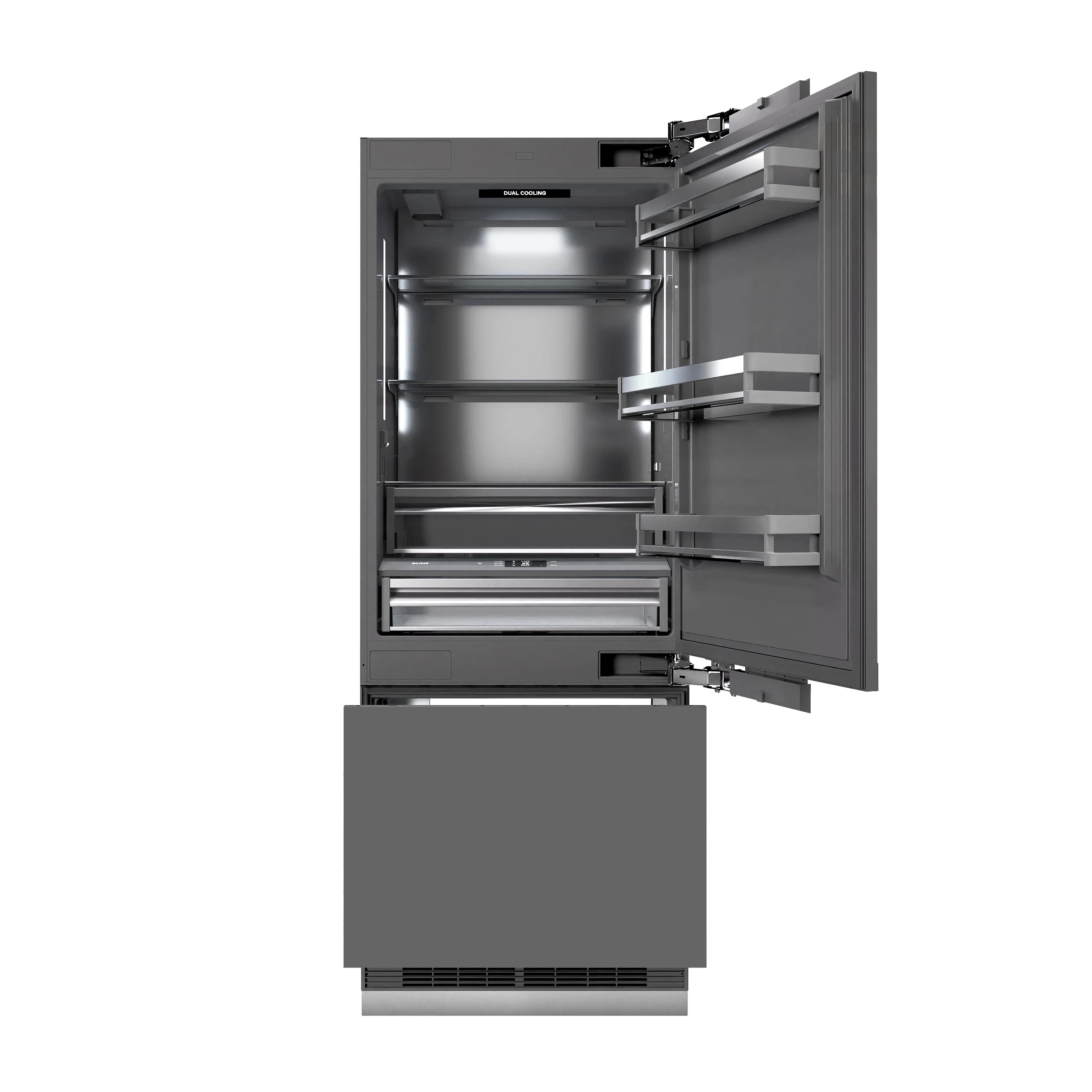 ZLINE Autograph Edition 30-Inch 16.1 Cu. Ft. Built-In Bottom Freezer Refrigerator with Water Dispenser and Ice Maker with Graphite Gray Interior in Panel Ready with Polished Gold Accents (GRBIVZ-30-G) - Image 5
