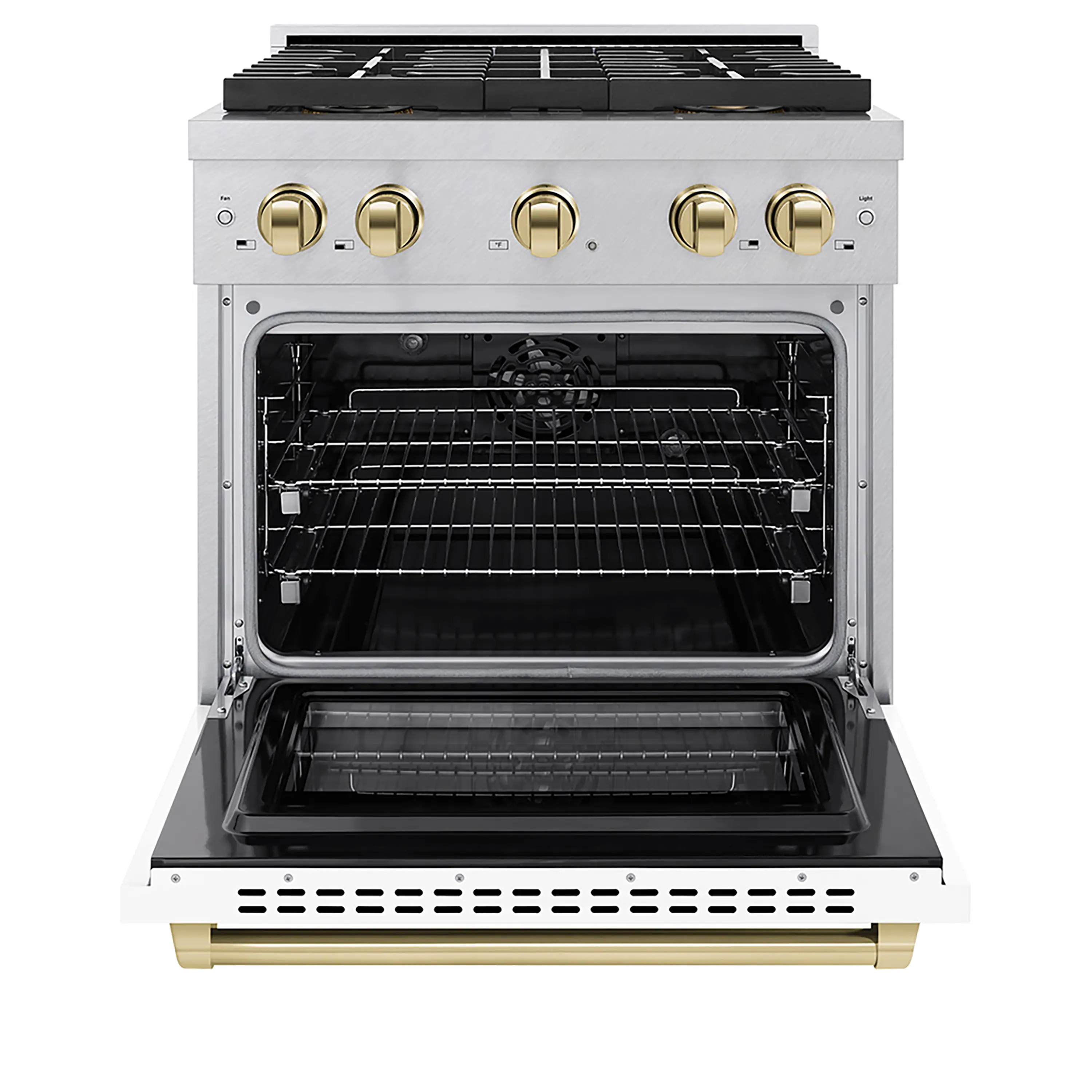 ZLINE Autograph Edition 30-Inch 4.2 cu. ft. Paramount Dual Fuel Range with 4 Burner DuoPro™ Cooktop and Electric Convection Oven in Satin Stainless Steel with White Matte Door and Polished Gold Accents (PSDRSZ-WM-30-G) - Image 2