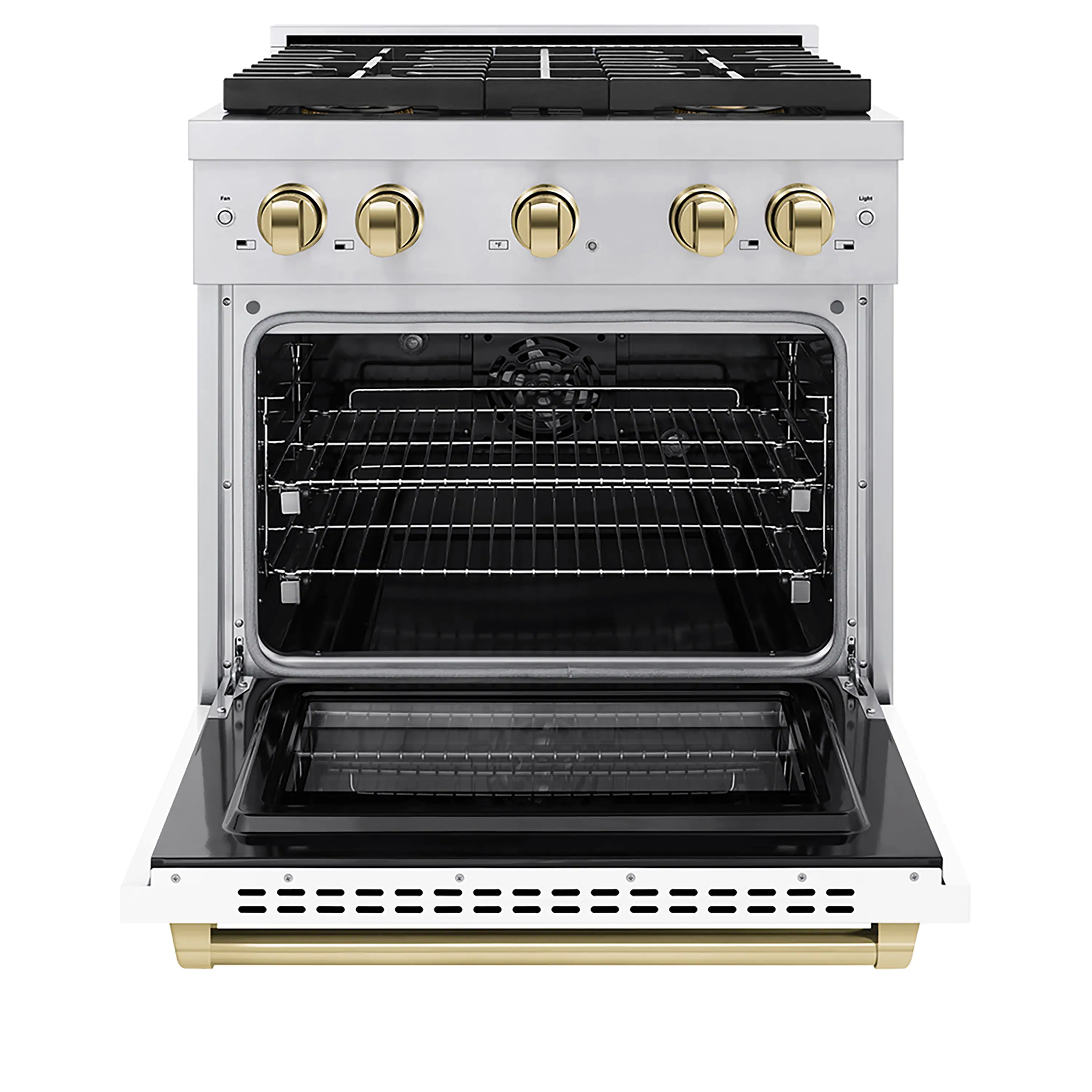 ZLINE Autograph Edition 30-Inch 4.2 cu. ft. Paramount Dual Fuel Range with 4 Burner DuoPro™ Cooktop and Electric Convection Oven in Stainless Steel with White Matte Door and Polished Gold Accents (PSDRZ-WM-30-G) - Image 2