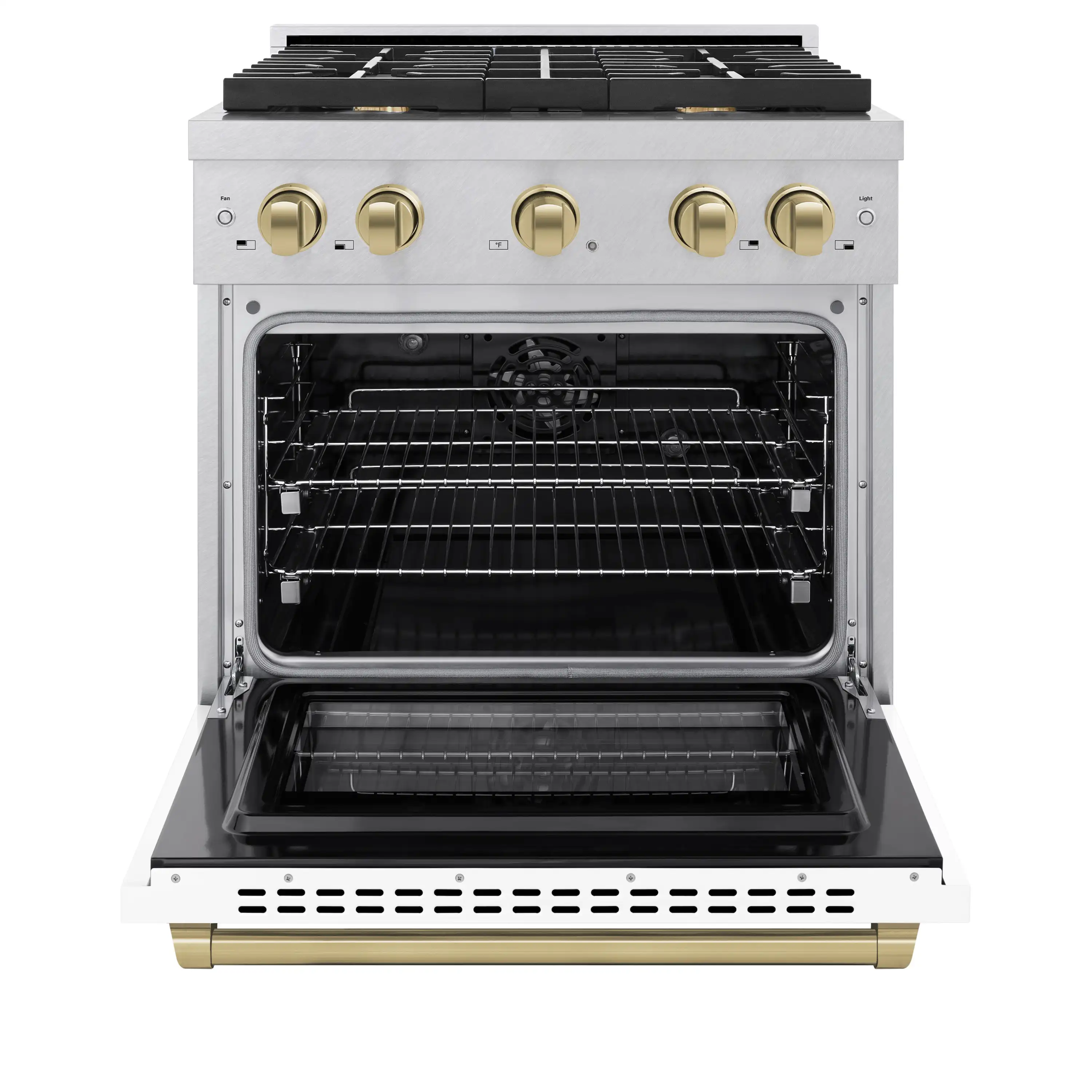 ZLINE Autograph Edition 30-Inch 4.2 cu. ft. Paramount Dual Fuel Range with 4 Burner Gas Cooktop and Electric Convection Oven in Satin Stainless Steel with White Matte Door and Champagne Bronze Accents (SDRSZ-WM-30-CB) - Image 3