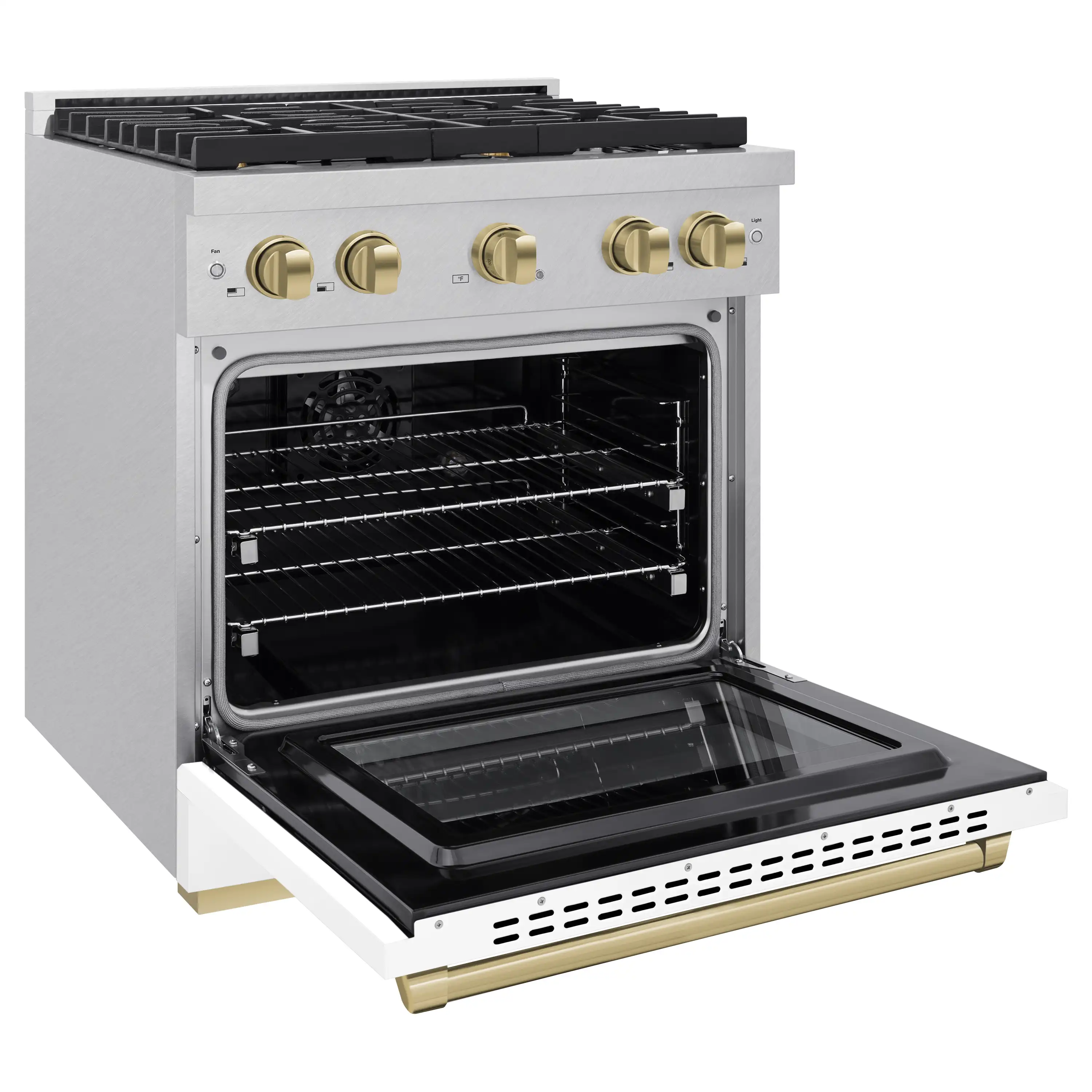 ZLINE Autograph Edition 30-Inch 4.2 cu. ft. Paramount Dual Fuel Range with 4 Burner Gas Cooktop and Electric Convection Oven in Satin Stainless Steel with White Matte Door and Champagne Bronze Accents (SDRSZ-WM-30-CB) - Image 4