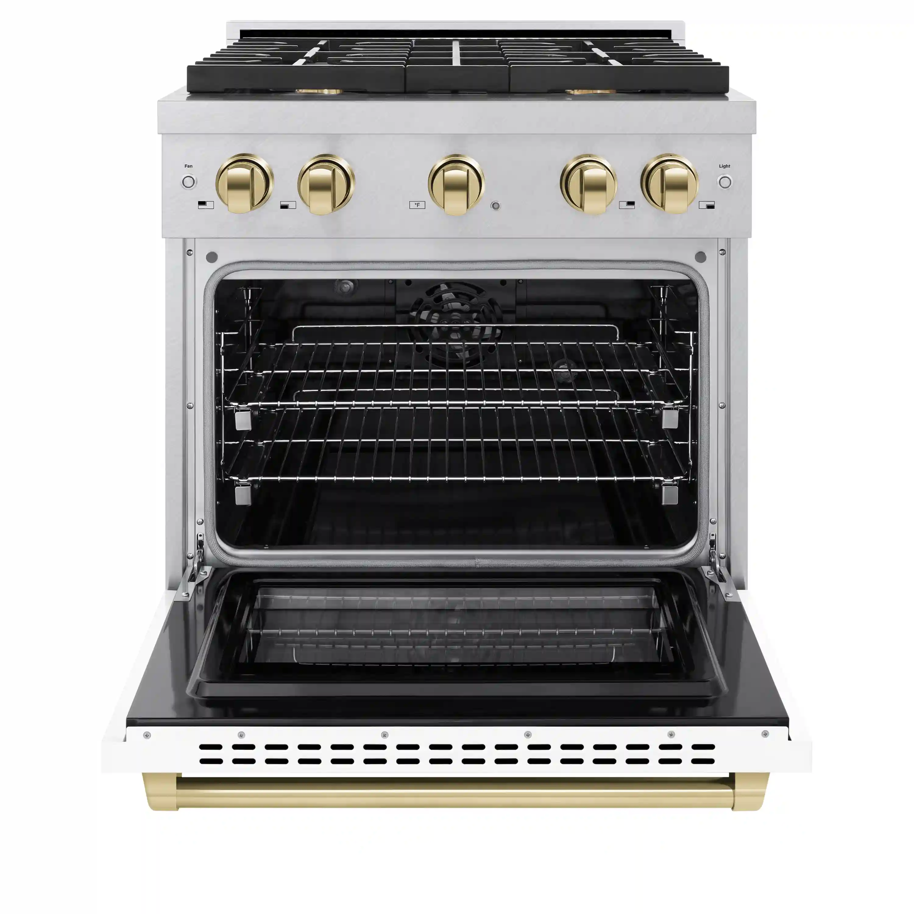 ZLINE Autograph Edition 30-Inch 4.2 cu. ft. Paramount Dual Fuel Range with 4 Burner Gas Cooktop and Electric Convection Oven in Satin Stainless Steel with White Matte Door and Polished Gold Accents (SDRSZ-WM-30-G) - Image 3