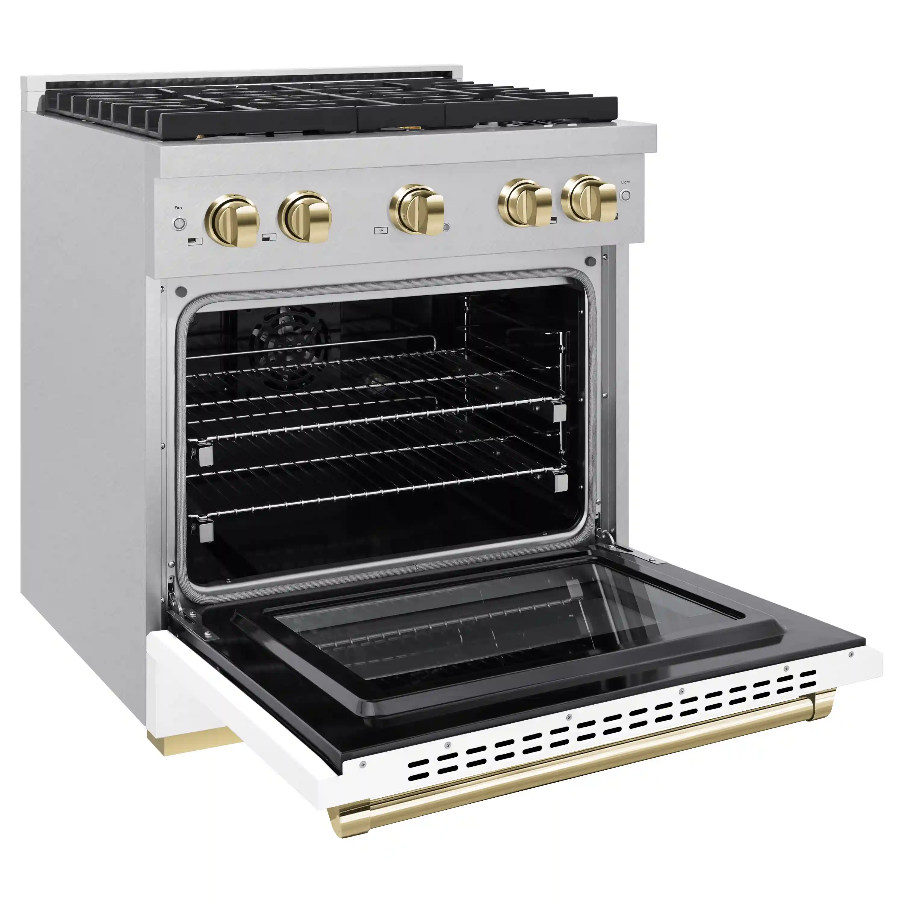 ZLINE Autograph Edition 30-Inch 4.2 cu. ft. Paramount Dual Fuel Range with 4 Burner Gas Cooktop and Electric Convection Oven in Satin Stainless Steel with White Matte Door and Polished Gold Accents (SDRSZ-WM-30-G) - Image 4