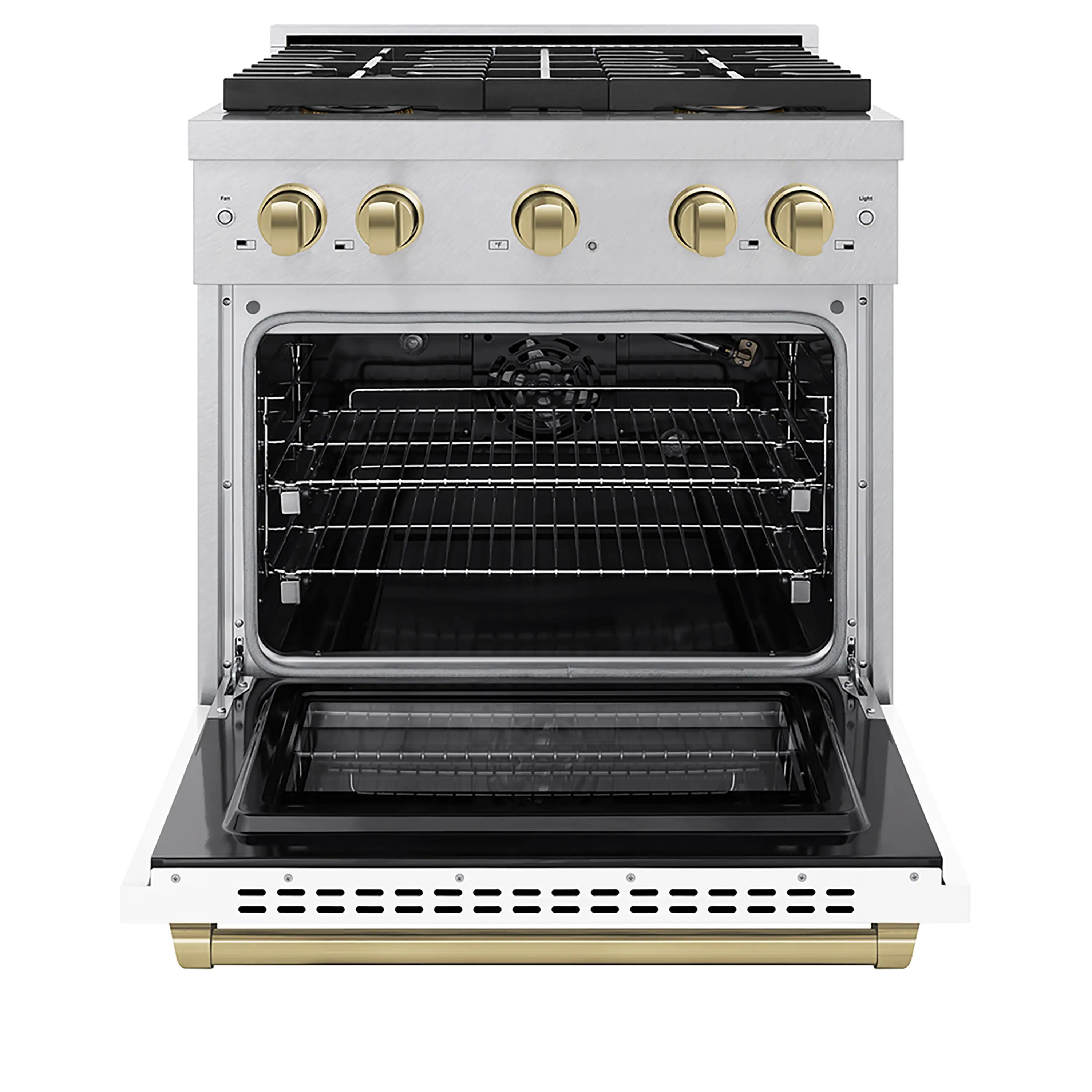 ZLINE Autograph Edition 30-Inch 4.2 cu. ft. Paramount Gas Range with 4 Burner DuoPro™ Cooktop and Convection Gas Oven in Satin Stainless Steel with White Matte Door and Champagne Bronze Accents (PSGRSZ-WM-30-CB) - Image 2