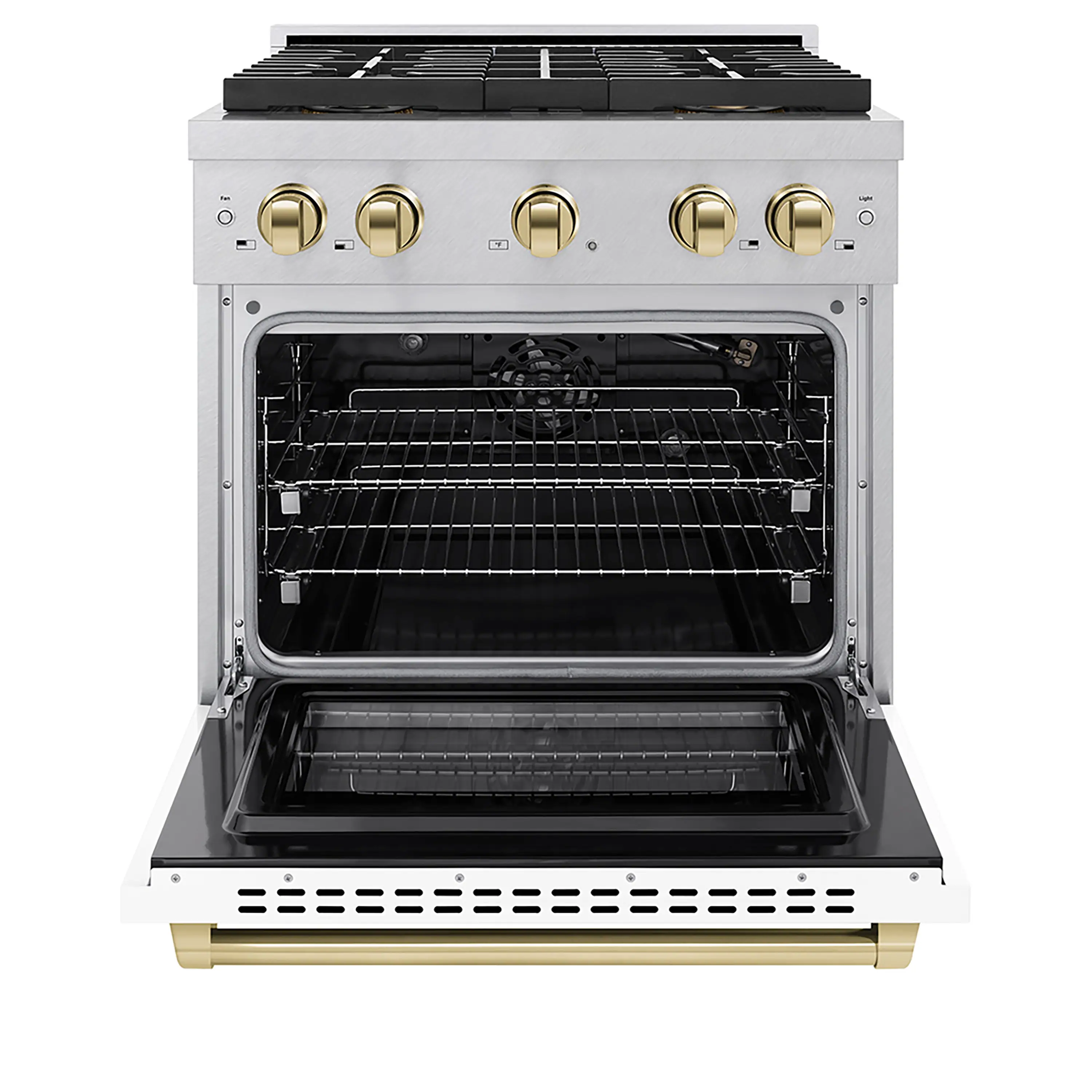 ZLINE Autograph Edition 30-Inch 4.2 cu. ft. Paramount Gas Range with 4 Burner DuoPro™ Cooktop and Convection Gas Oven in Satin Stainless Steel with White Matte Door and Polished Gold Accents (PSGRSZ-WM-30-G) - Image 2