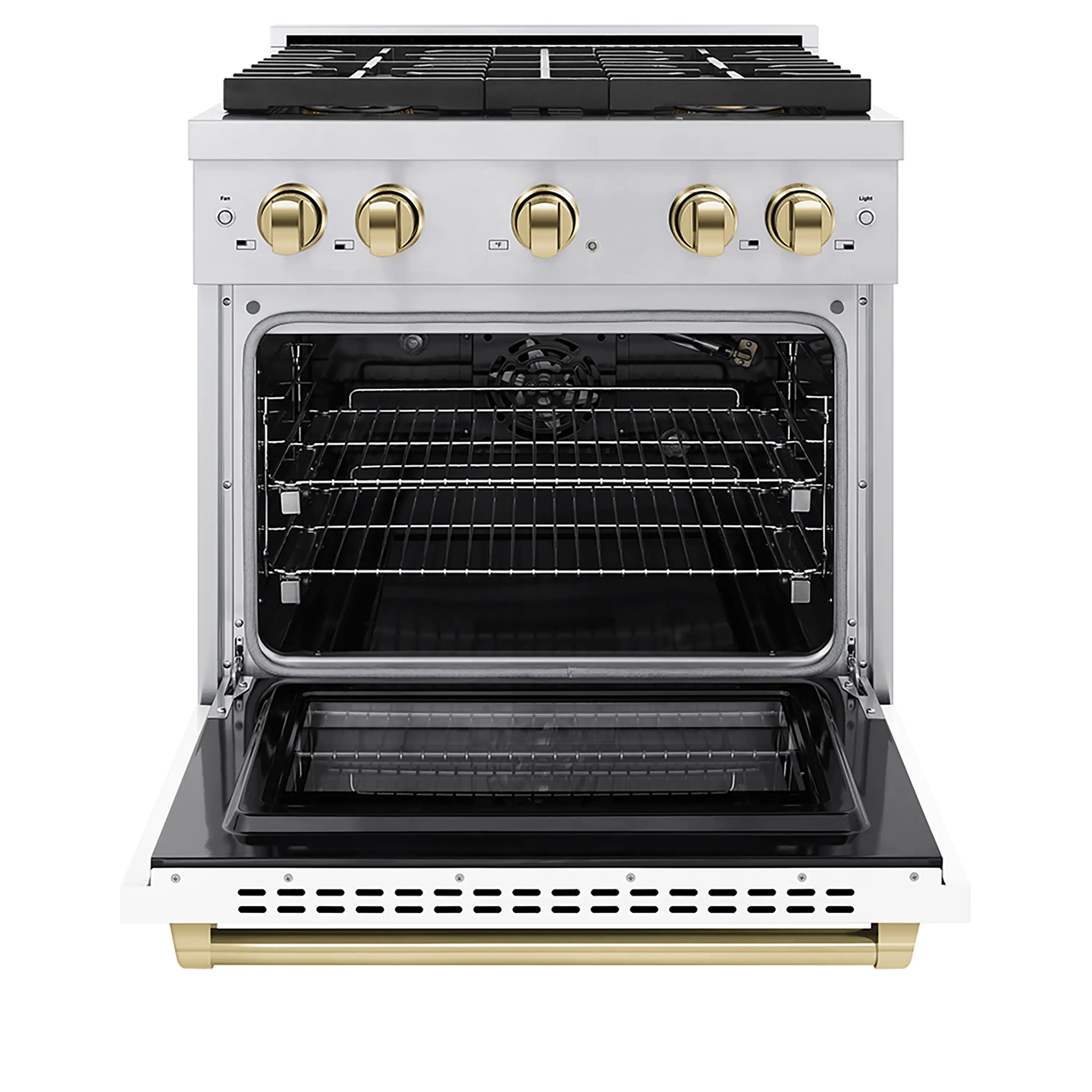 ZLINE Autograph Edition 30-Inch 4.2 cu. ft. Paramount Gas Range with 4 Burner DuoPro™ Cooktop and Convection Gas Oven in Stainless Steel with White Matte Door and Polished Gold Accents (PSGRZ-WM-30-G) - Image 2
